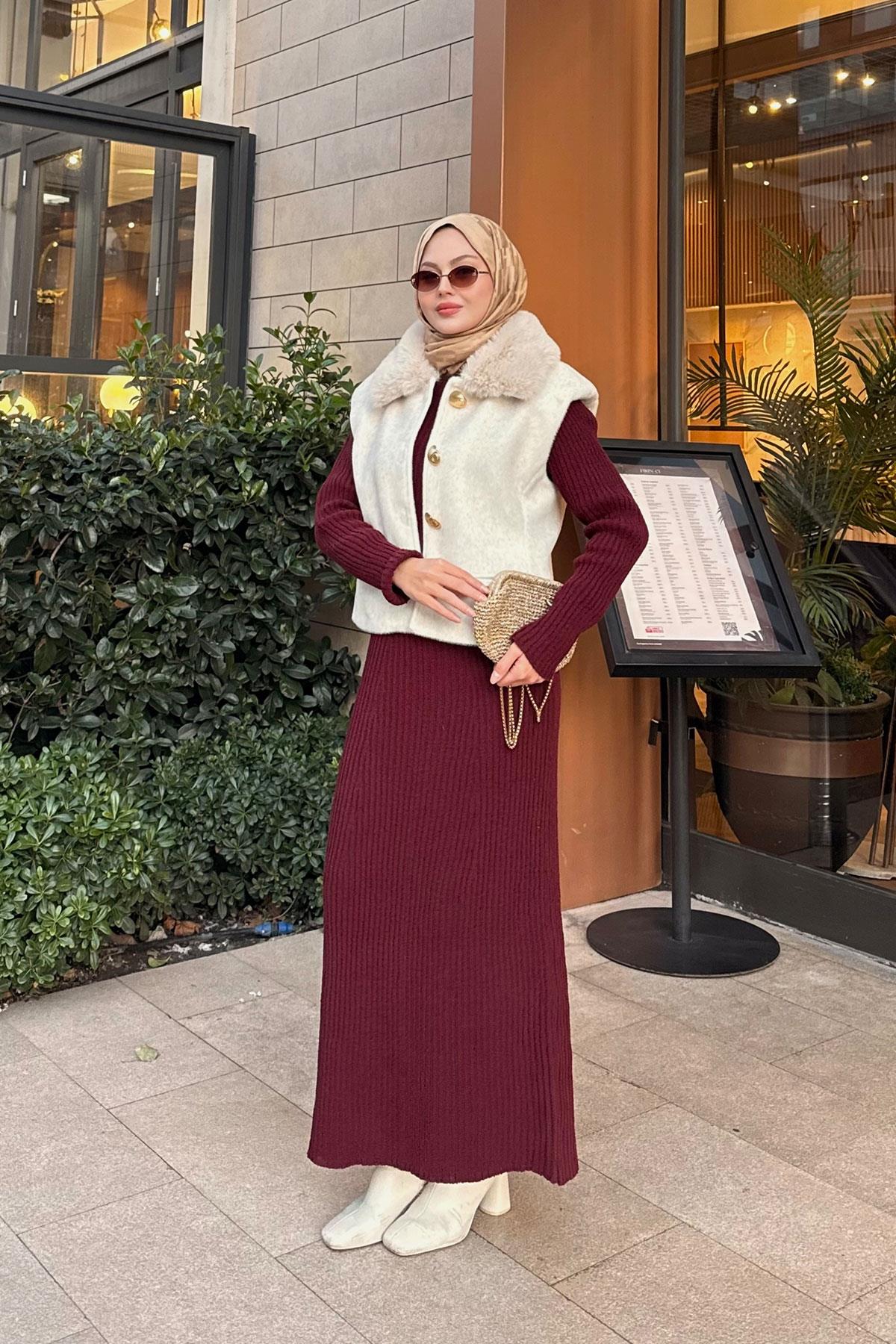 Yaka Kürklü Yelek Krem