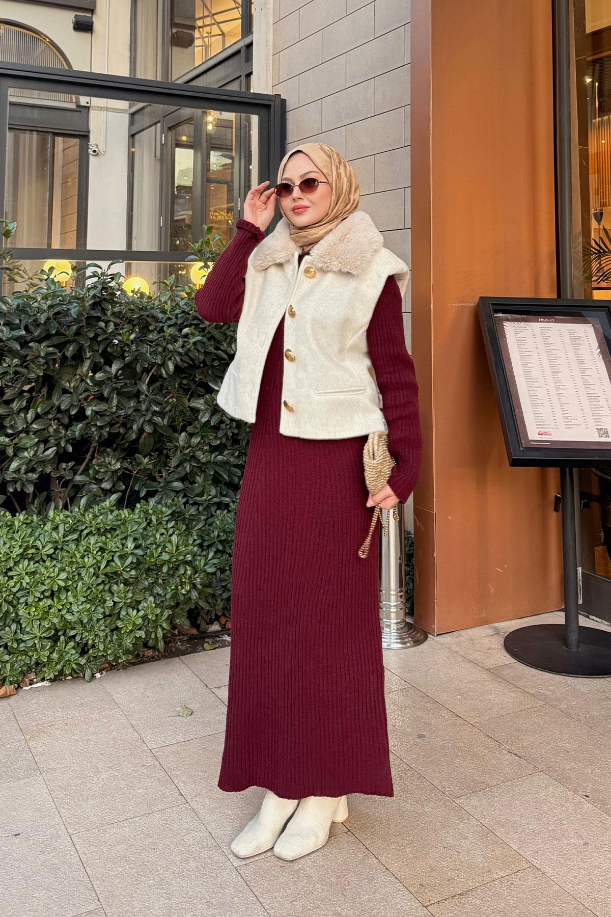 Yaka Kürklü Yelek Krem