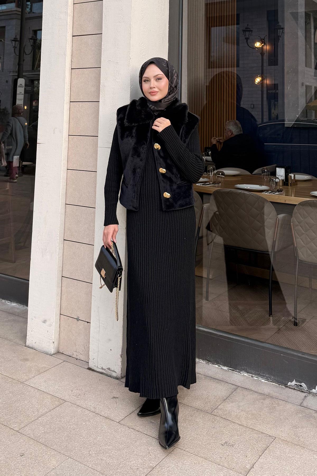 Yaka Kürklü Yelek Siyah