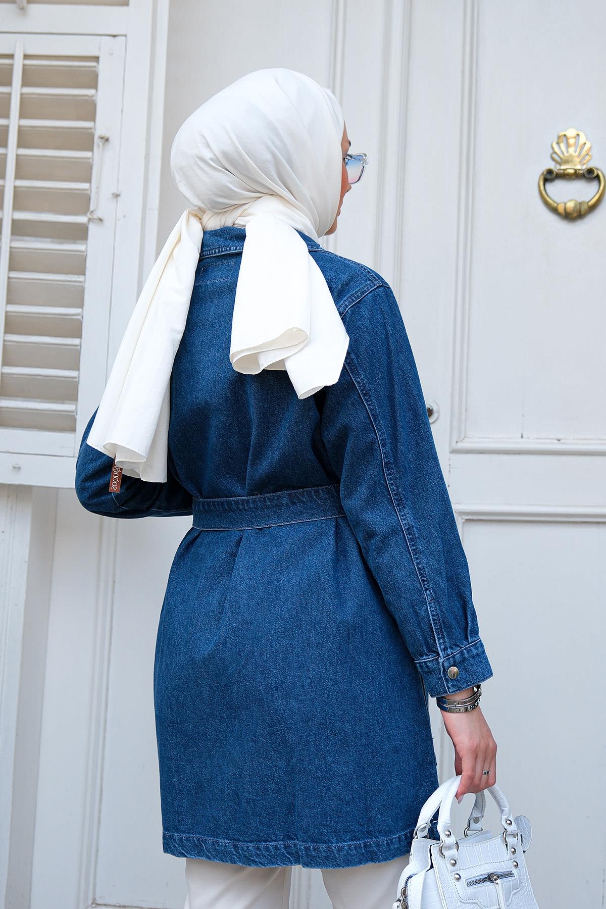 Yaka ve Cep Kısmı Taşlı Kemerli Denim Ceket  Koyu Mavi