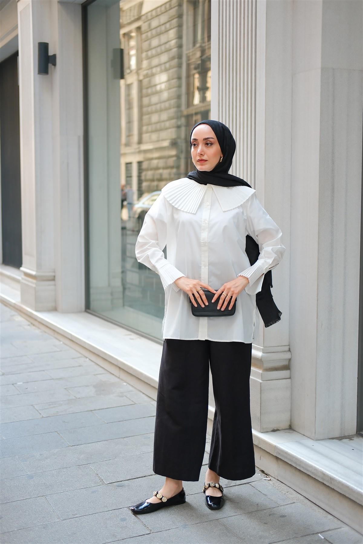 Yaka Ve Kol Pilise Detaylı Gömlek Beyaz