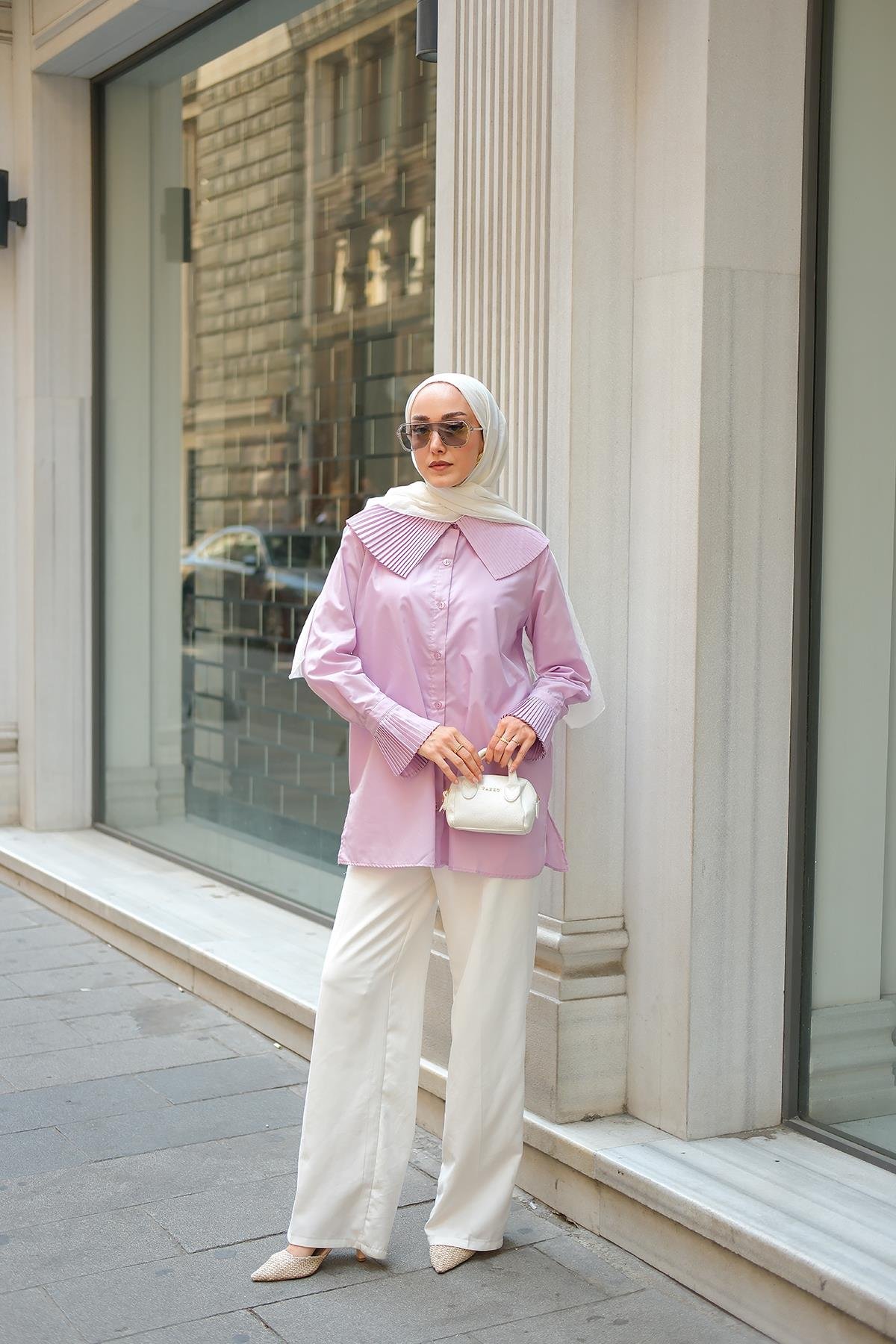 Yaka Ve Kol Pilise Detaylı Gömlek Lila