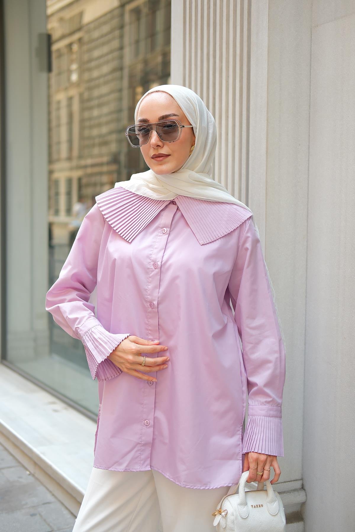 Yaka Ve Kol Pilise Detaylı Gömlek Lila