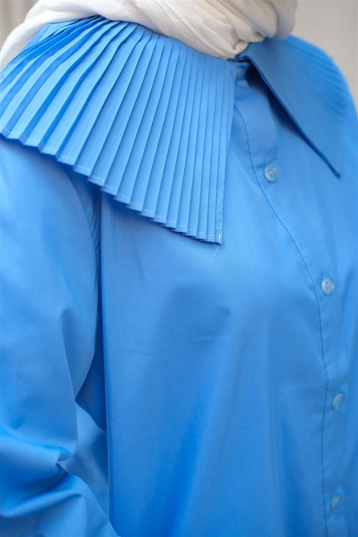 Yaka Ve Kol Pilise Detaylı Gömlek Mavi