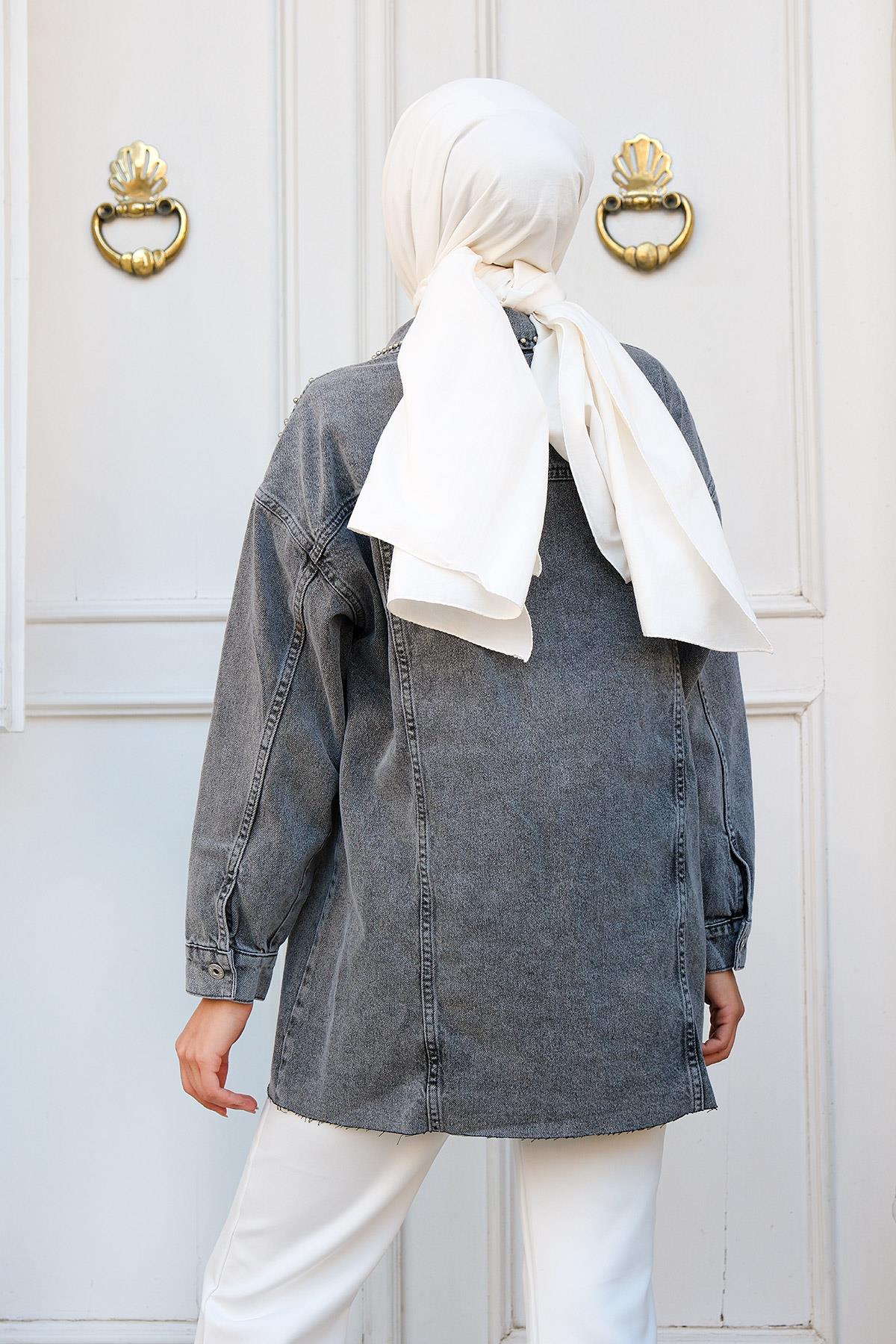 Yakası Boncuk Detaylı Denim Ceket  Füme