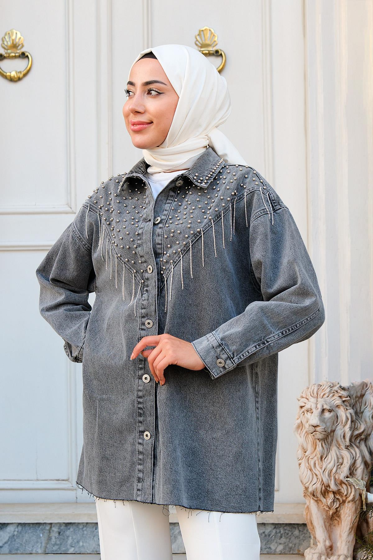 Yakası Boncuk Detaylı Denim Ceket  Füme