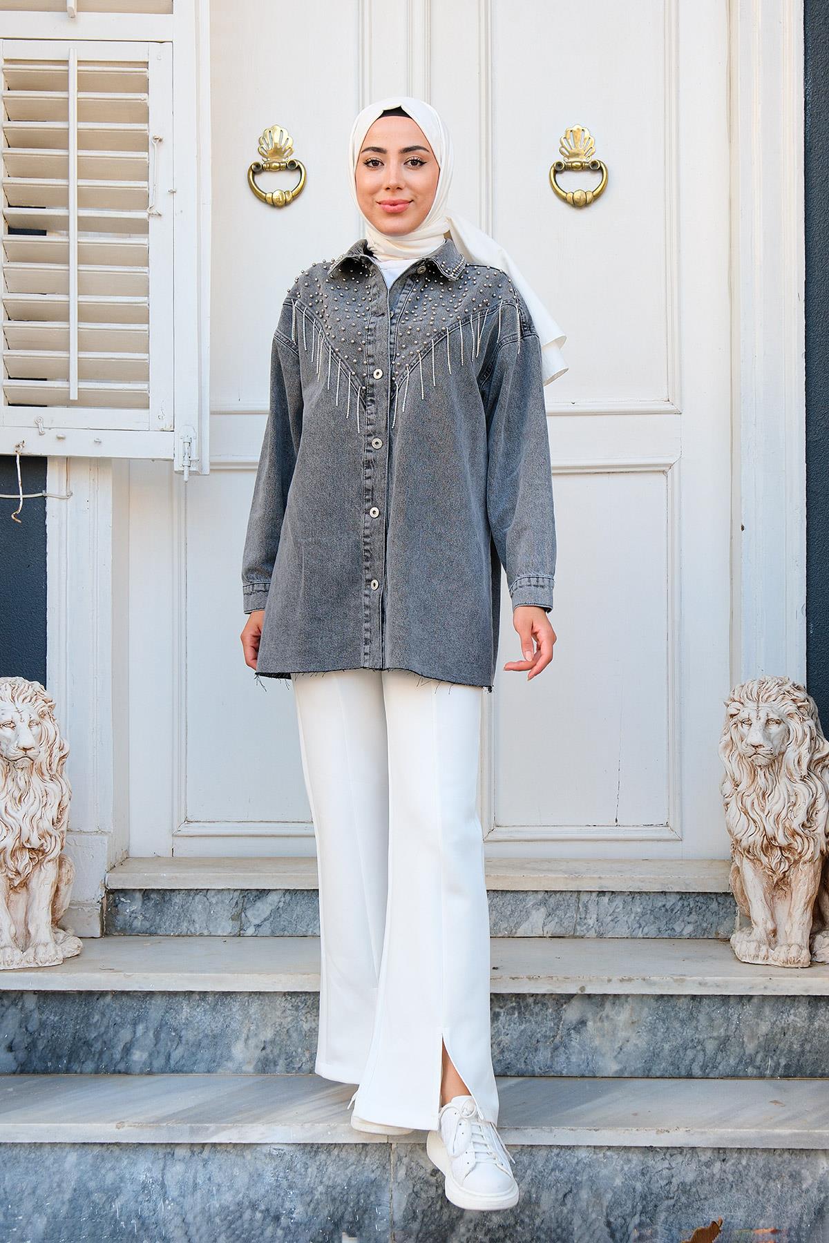 Yakası Boncuk Detaylı Denim Ceket  Füme
