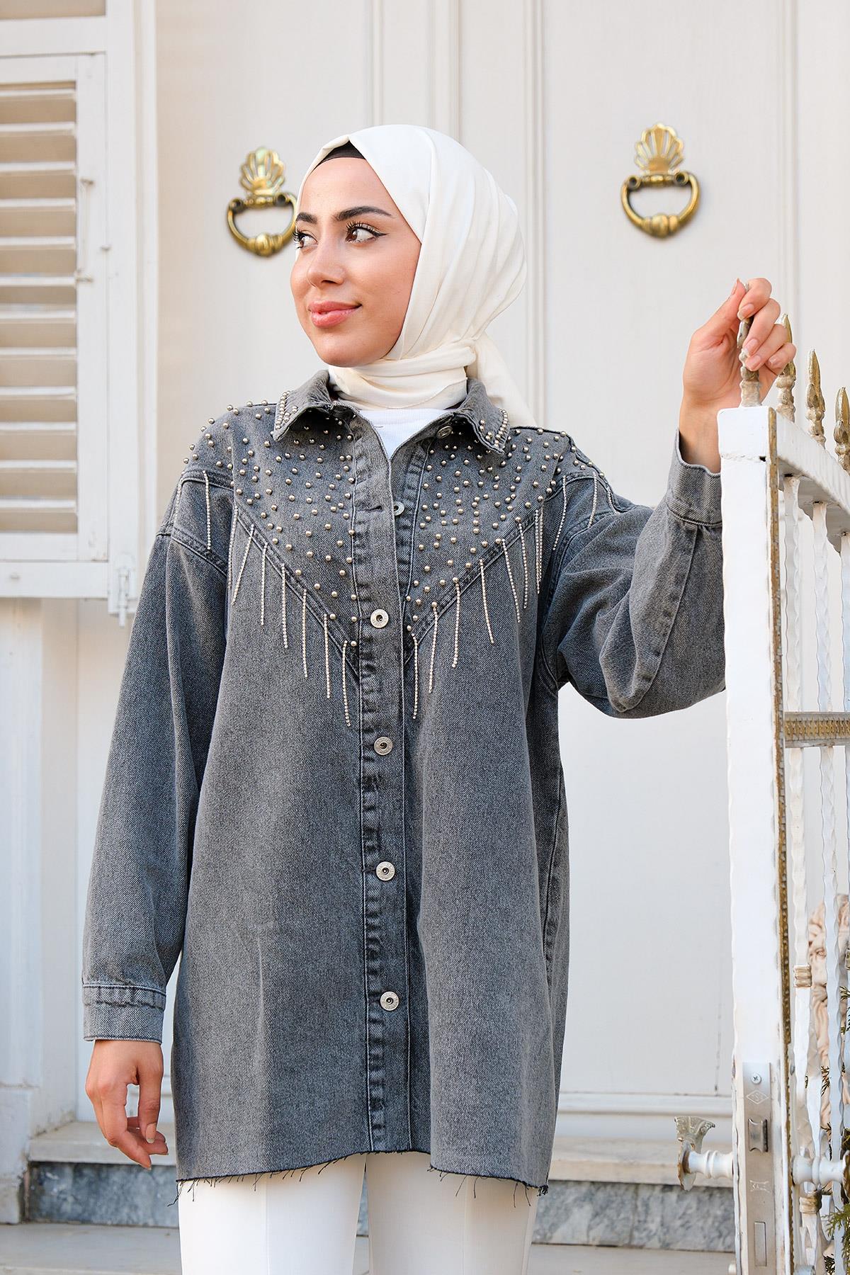 Yakası Boncuk Detaylı Denim Ceket  Füme