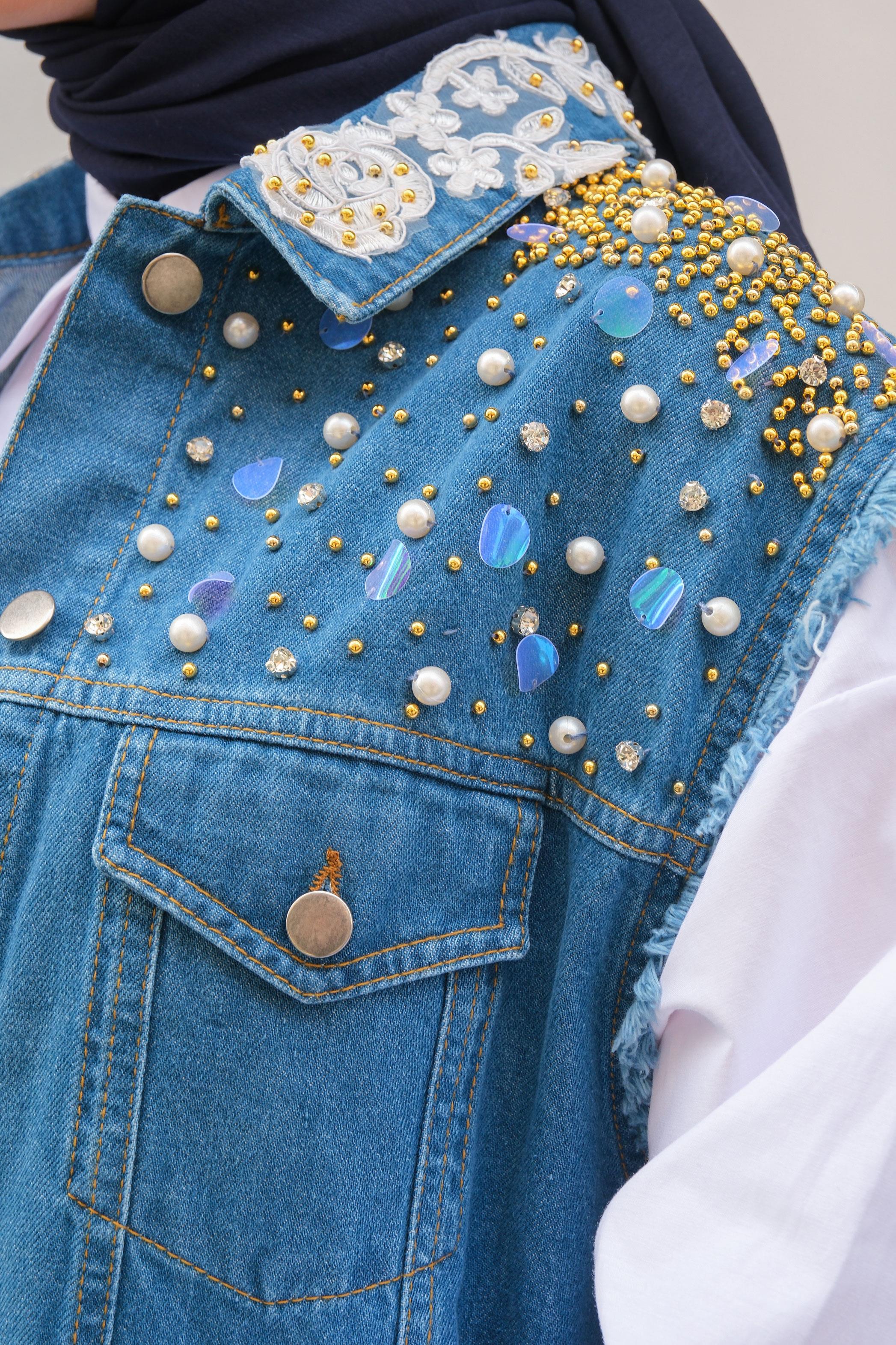 Yakası Çiçek İşlemeli Taşlı Kot Ceket Koyu Mavi