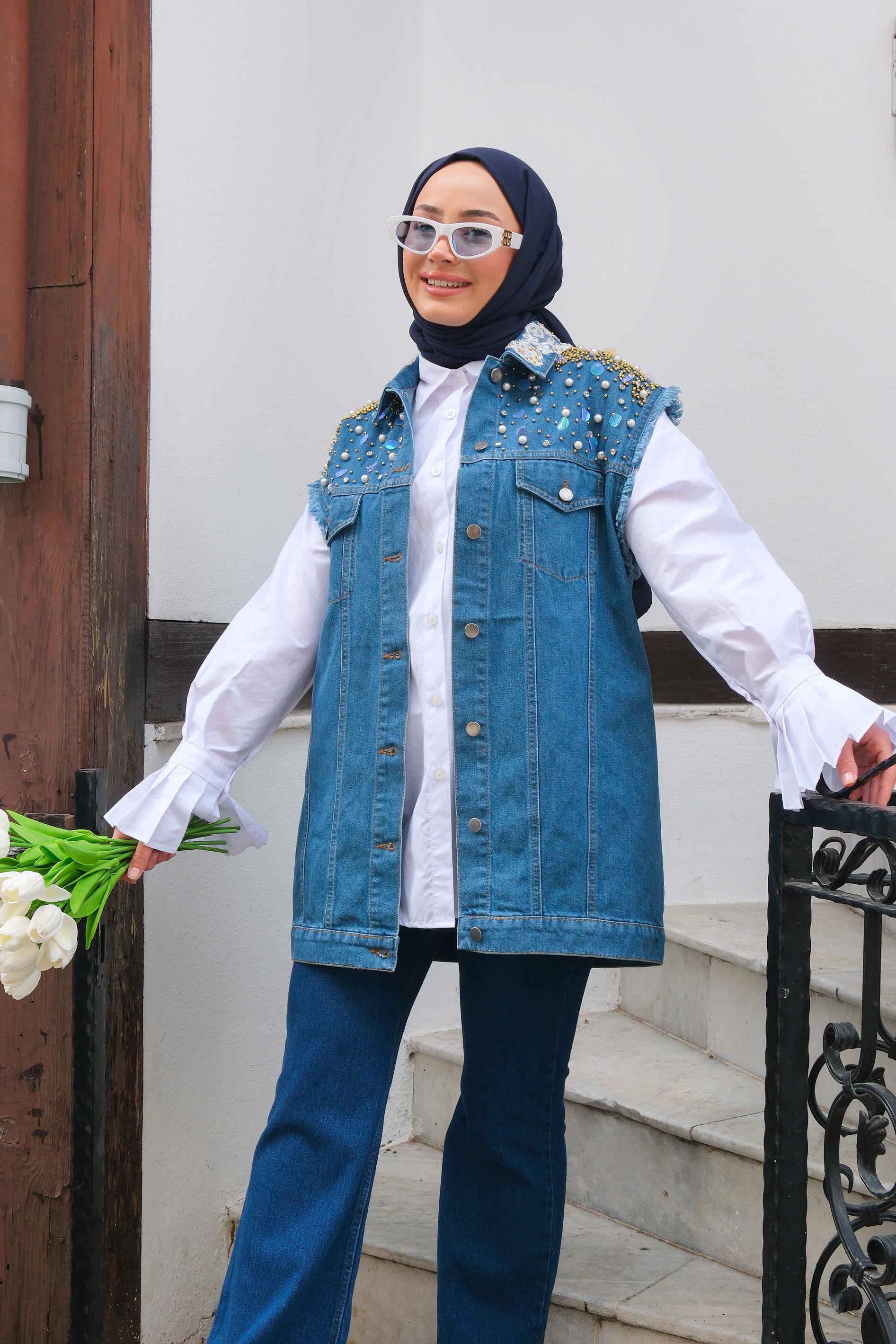 Yakası Çiçek İşlemeli Taşlı Kot Ceket Koyu Mavi