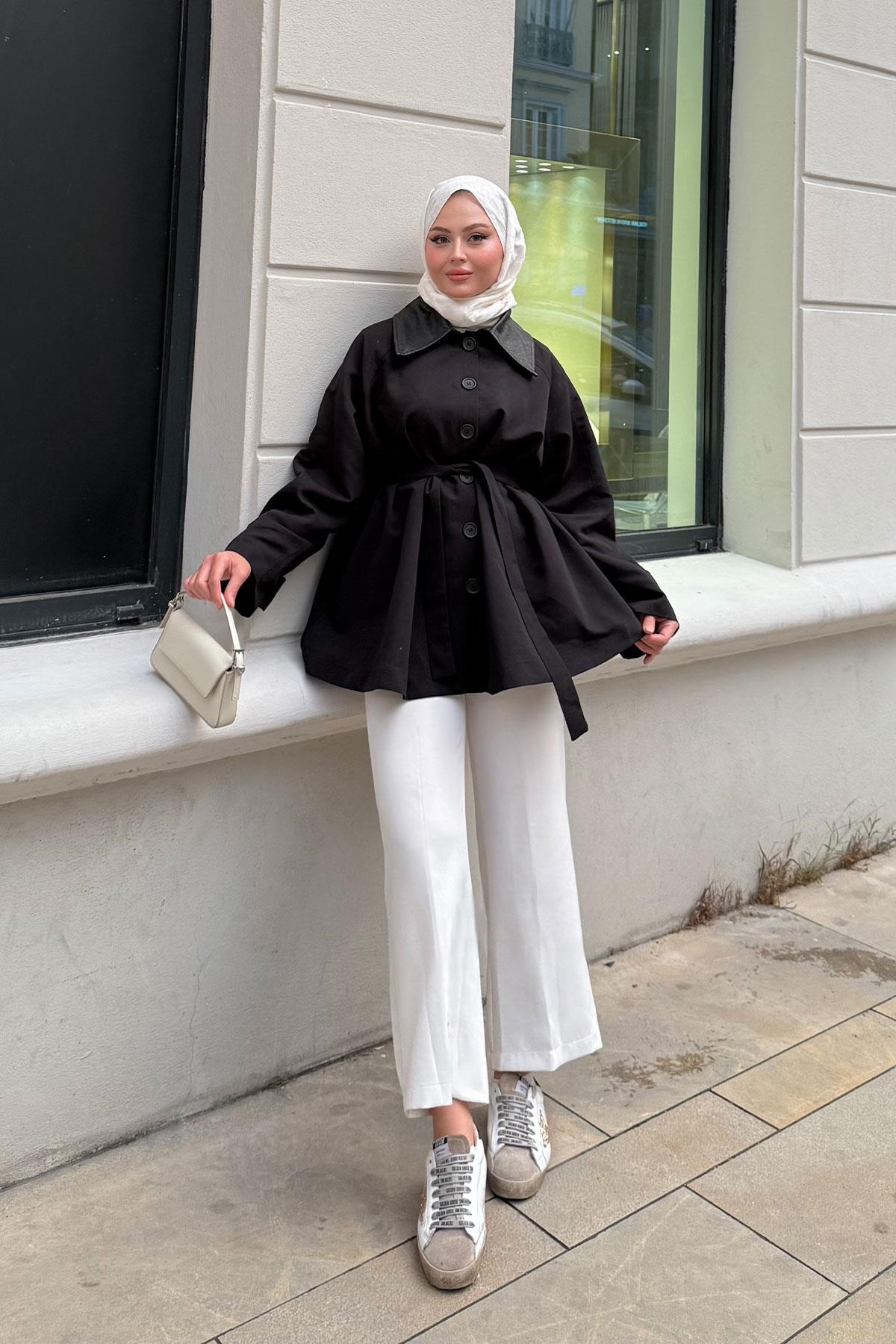 Yakası Deri Trenç Siyah