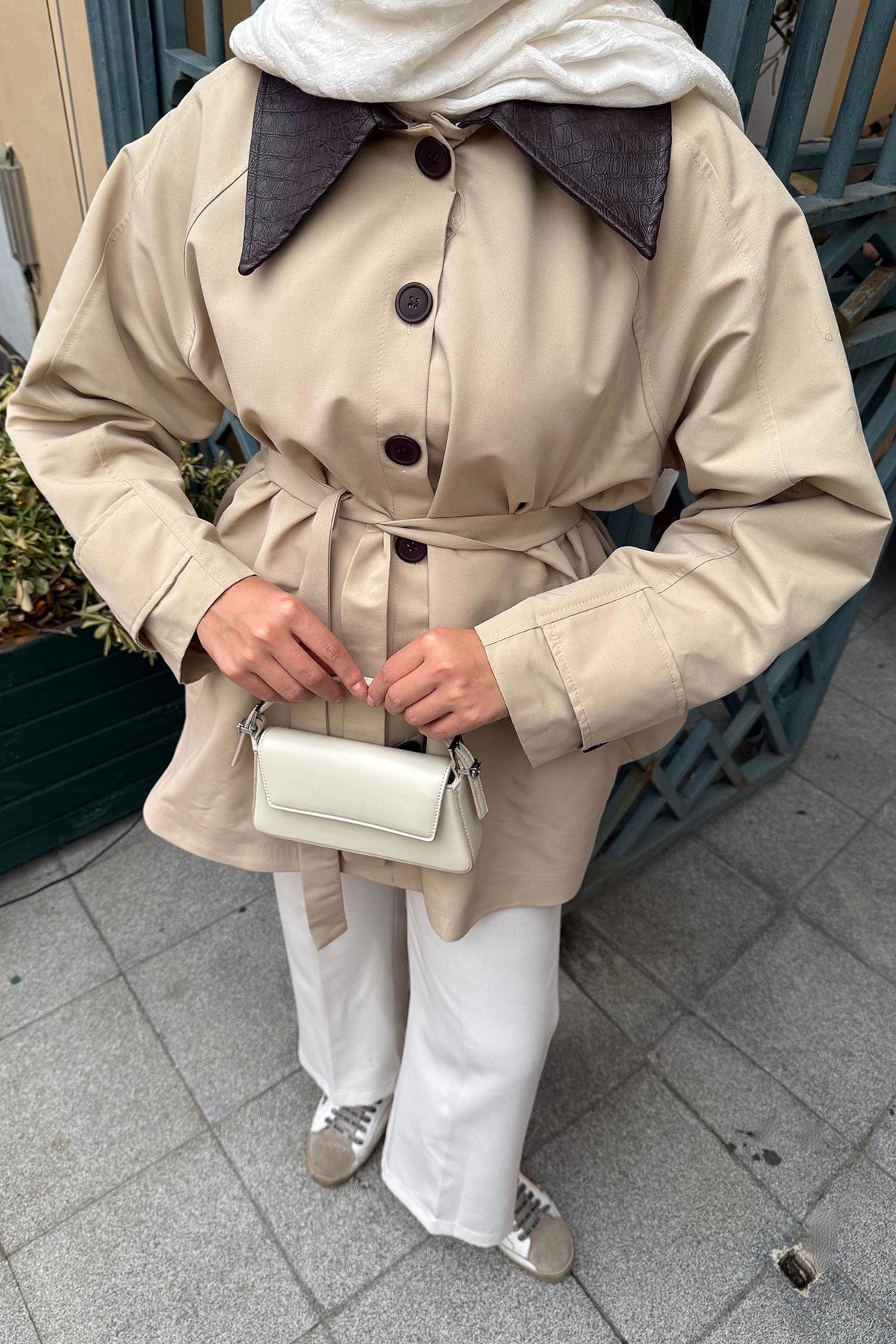 Yakası Deri Trenç Vizon