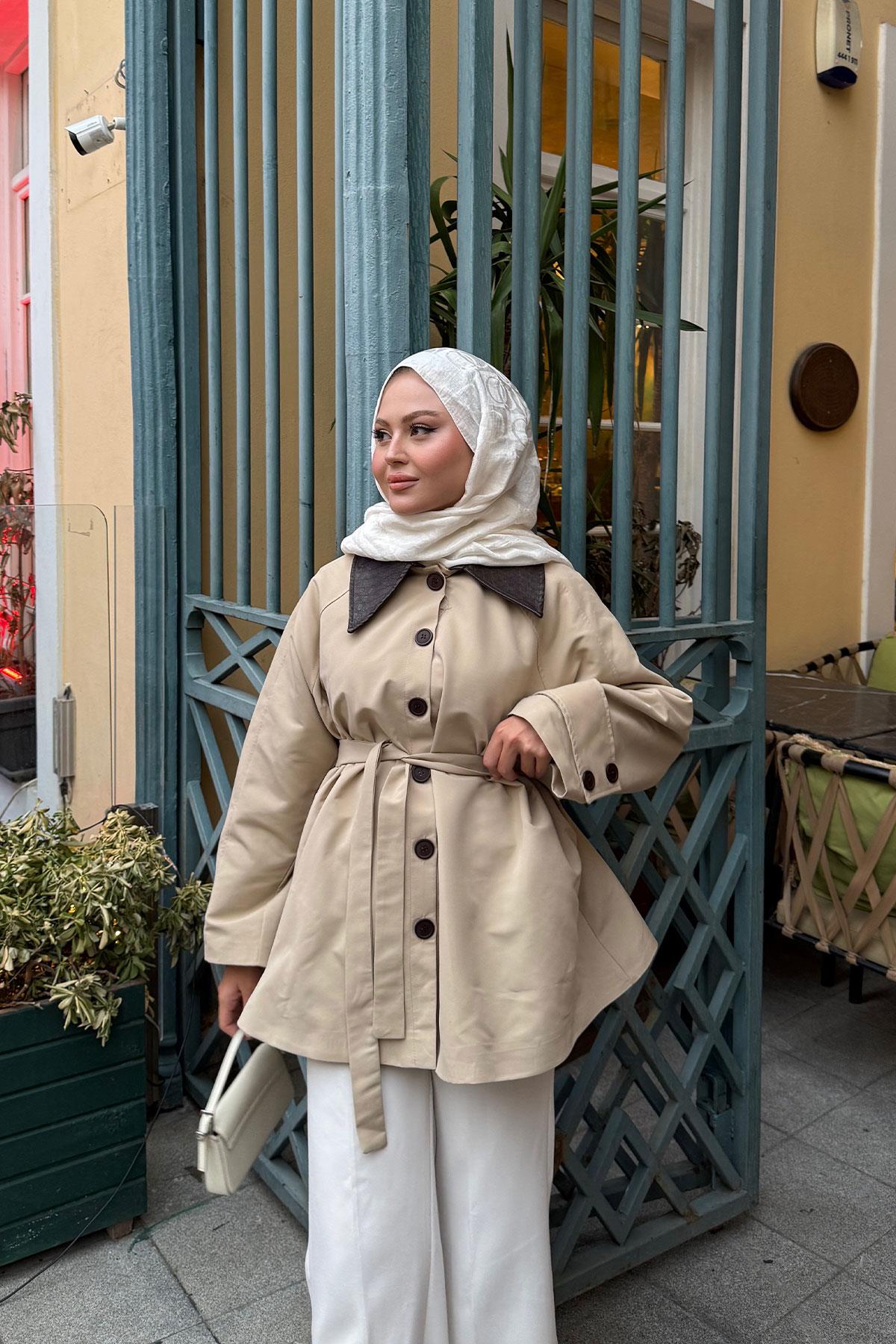 Yakası Deri Trenç Vizon