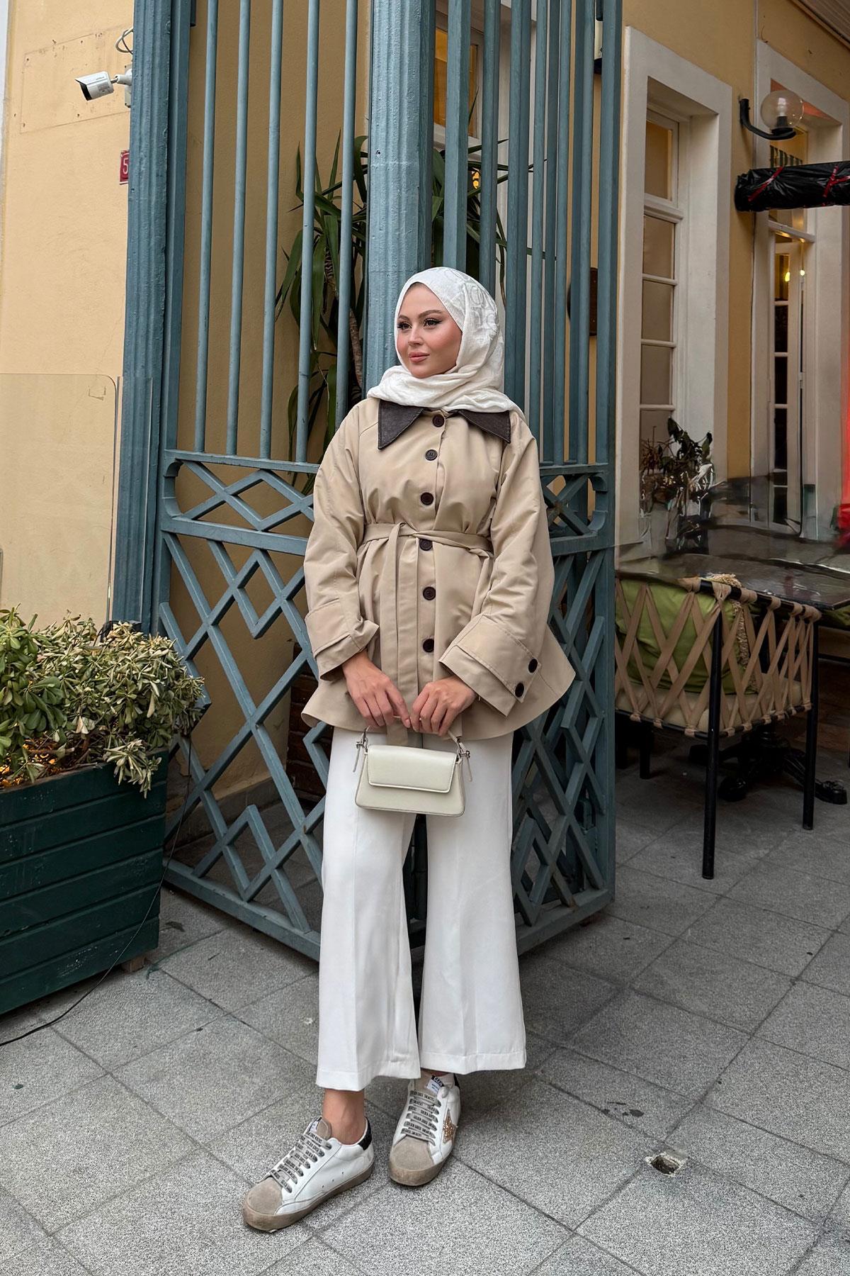 Yakası Deri Trenç Vizon