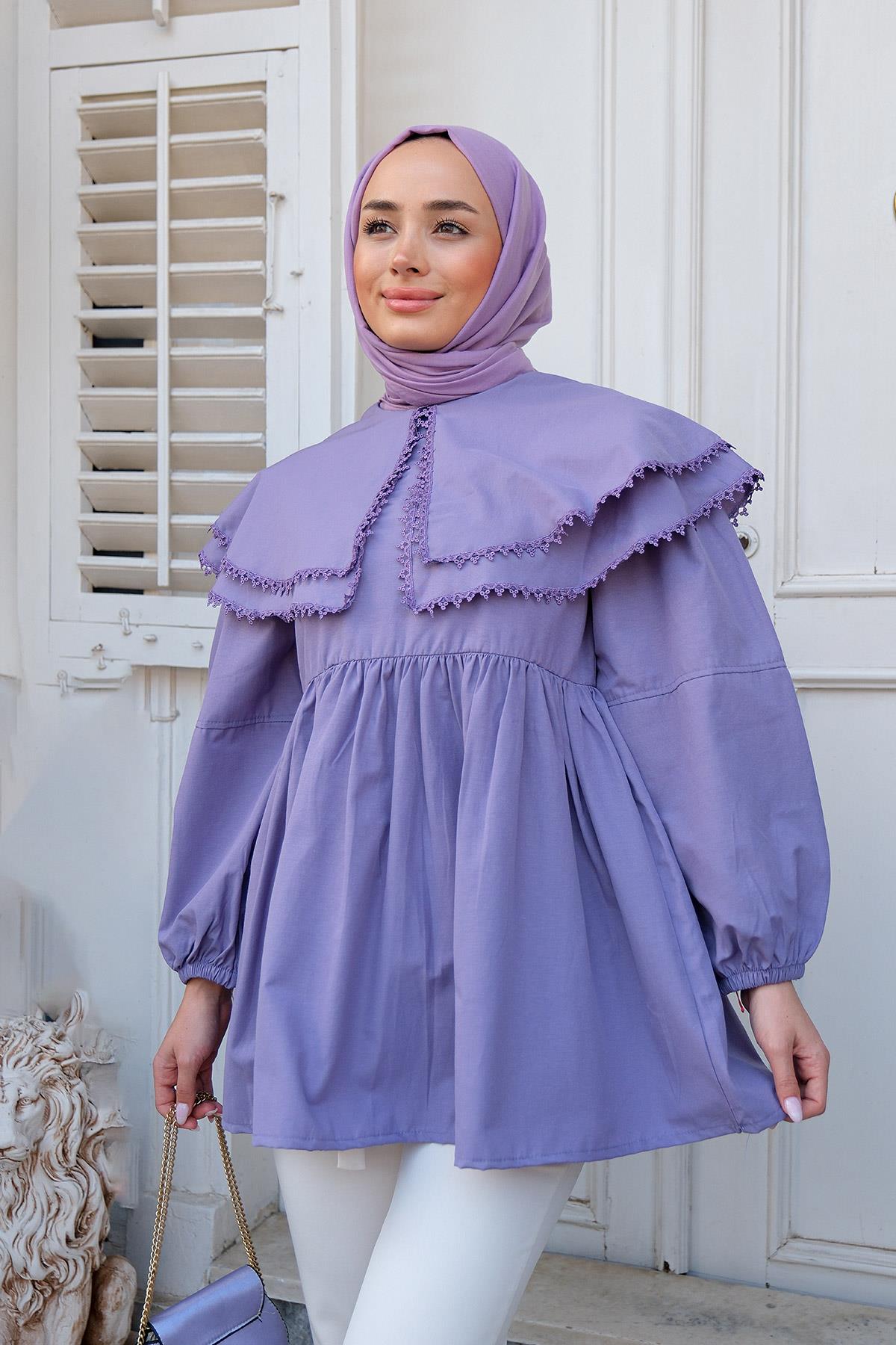 Yakası Nakış Detaylı Gömlek Lila