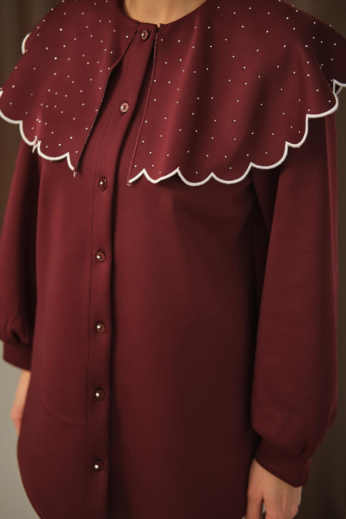 Yakası Taşlı Tunik Bordo