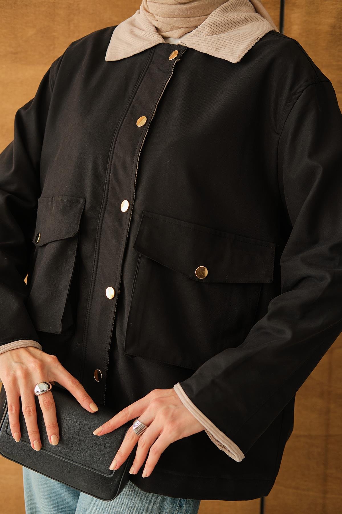 Yakası Ve Bilekleri Kadife Detaylı Ceket Siyah