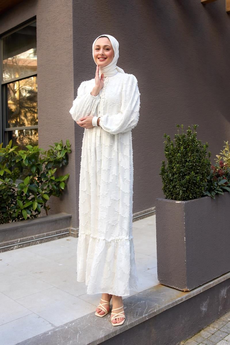 Yakma Çicek Desenli Jakar Elbise  Beyaz