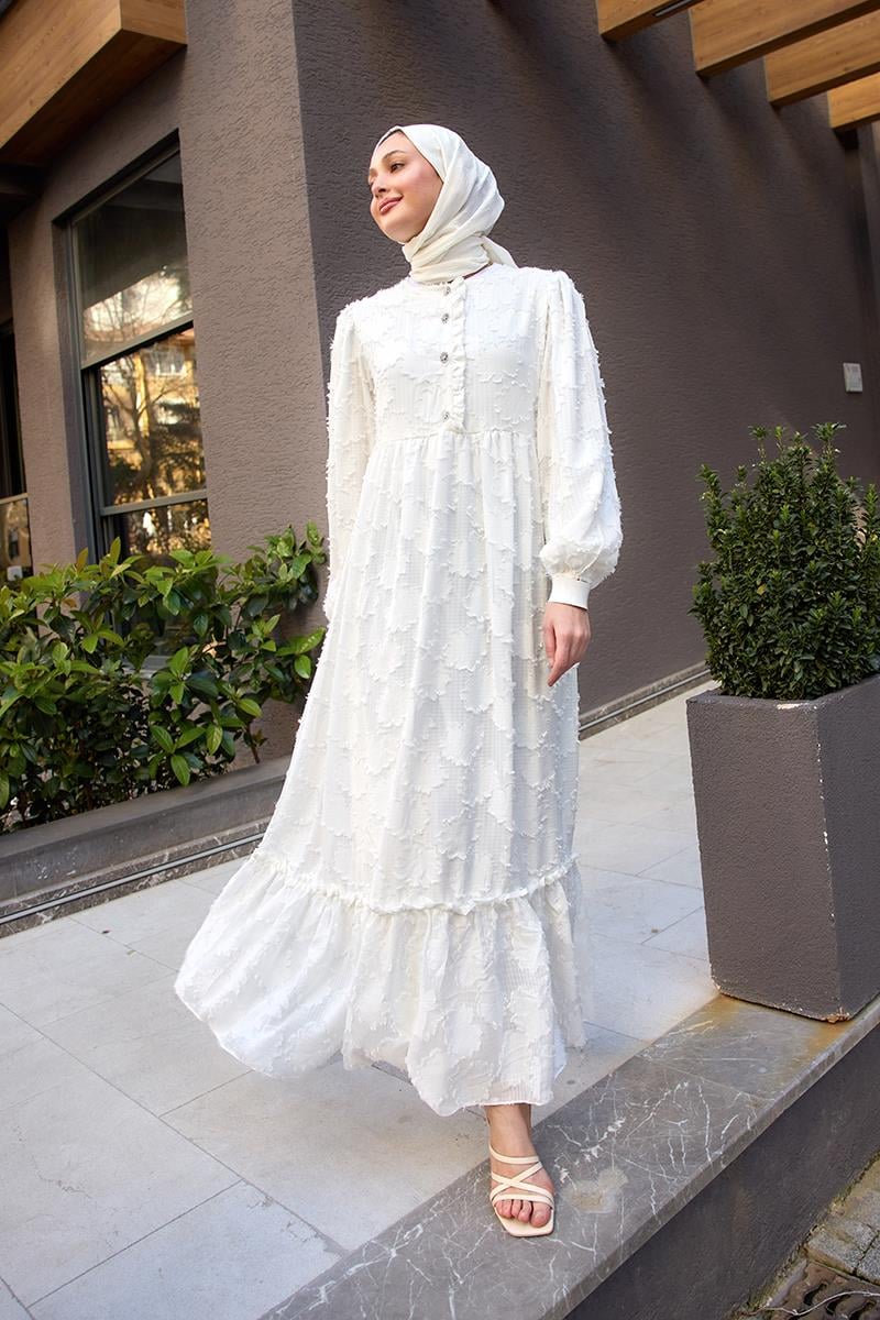 Yakma Çicek Desenli Jakar Elbise  Beyaz