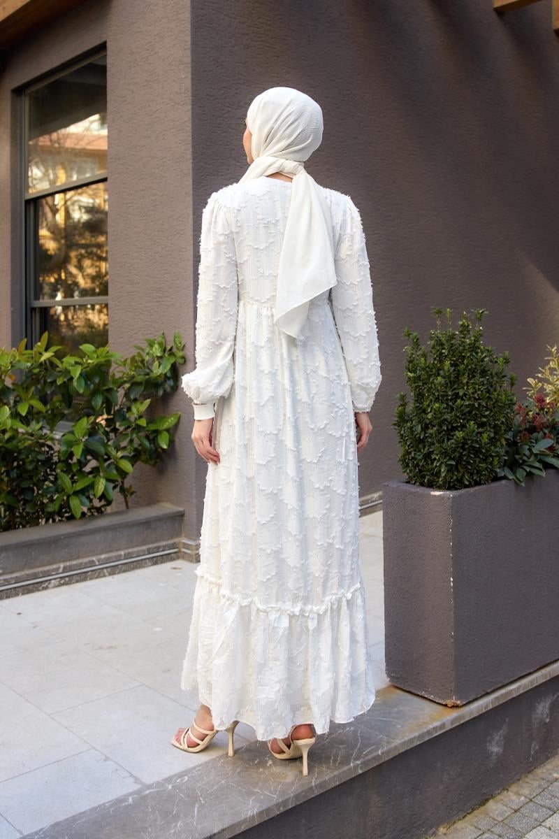 Yakma Çicek Desenli Jakar Elbise  Beyaz