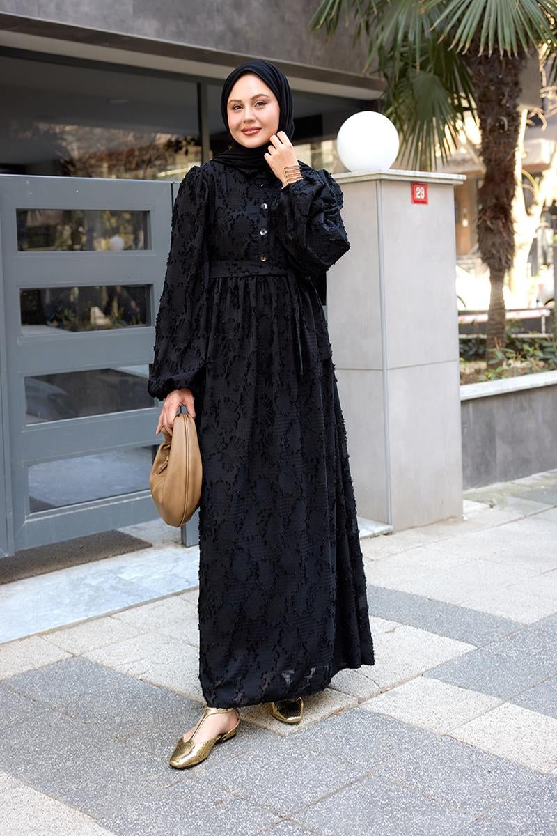 Yakma Çicek Desenli Jakar Elbise  Siyah