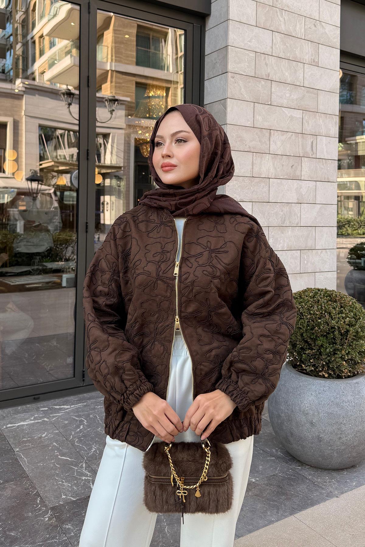 Yakma Çiçek Detaylı Ceket Kahverengi