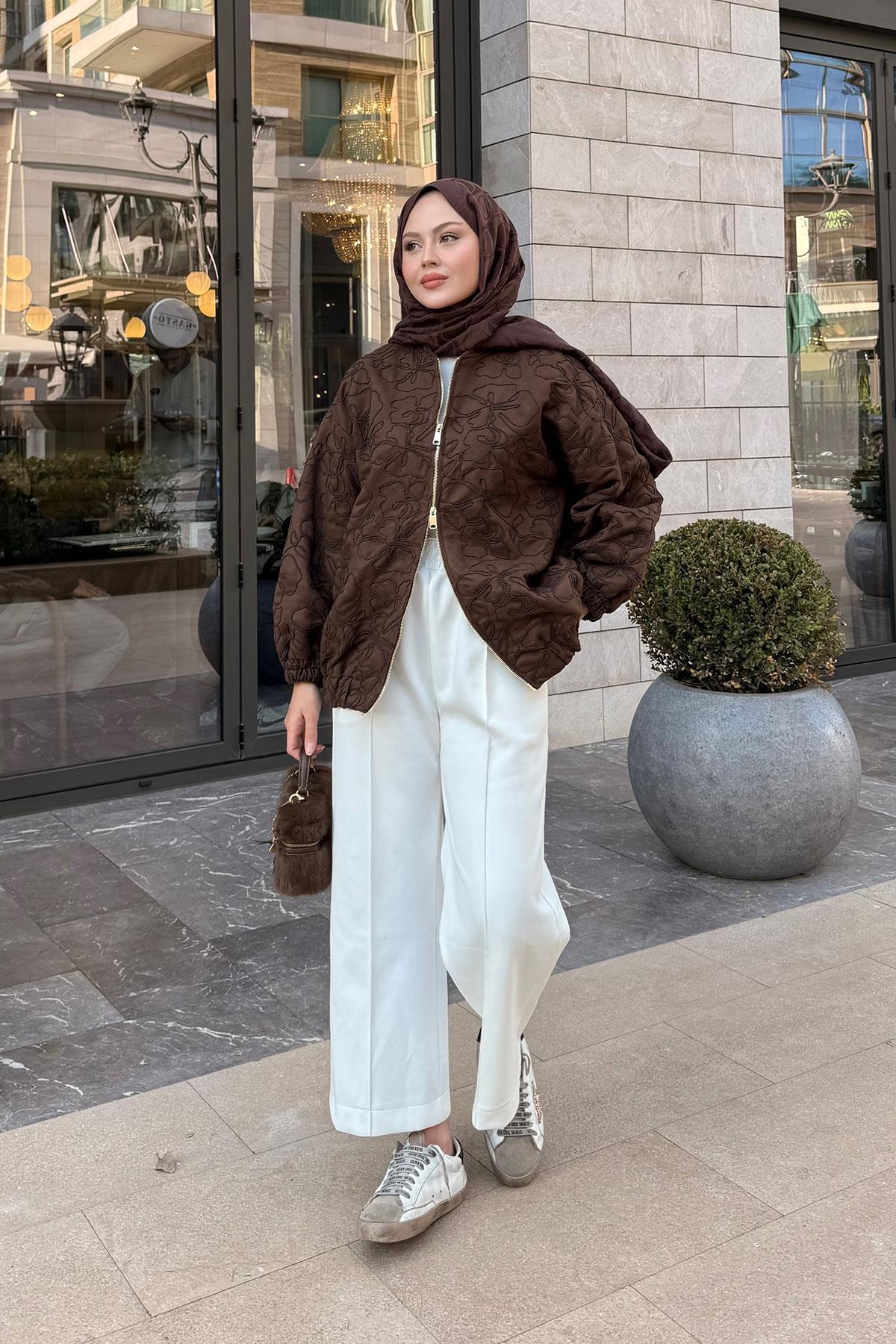 Yakma Çiçek Detaylı Ceket Kahverengi