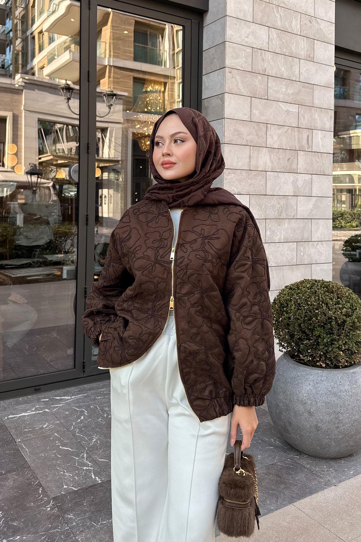 Yakma Çiçek Detaylı Ceket Kahverengi