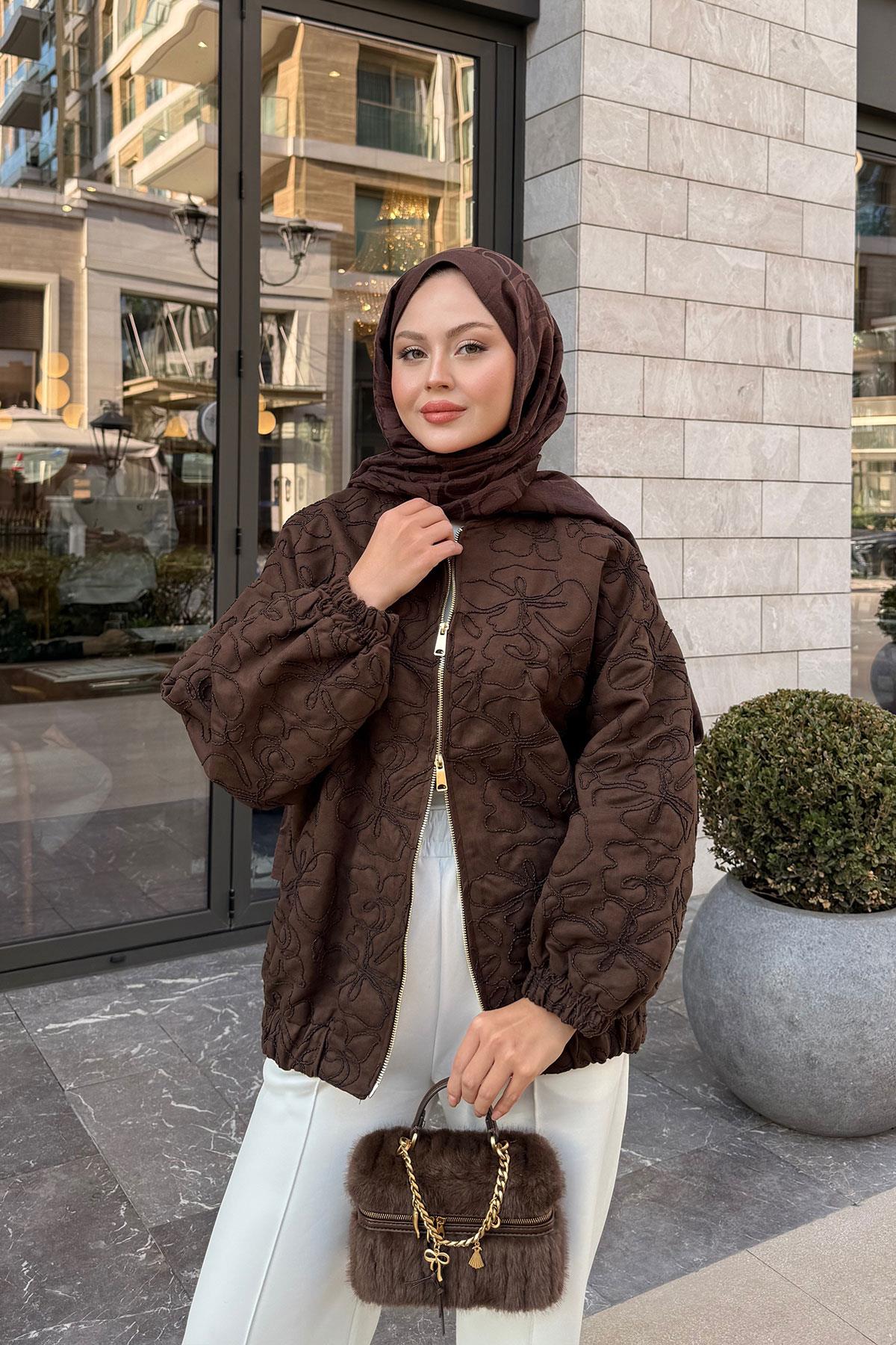 Yakma Çiçek Detaylı Ceket Kahverengi