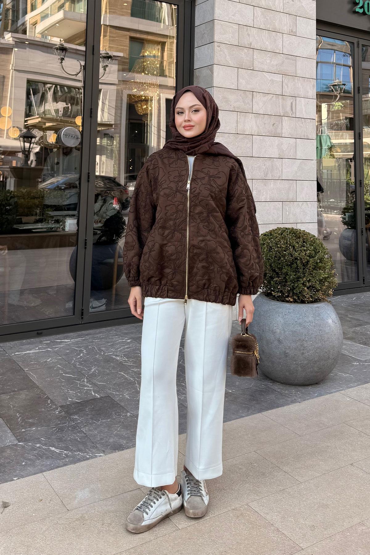 Yakma Çiçek Detaylı Ceket Kahverengi