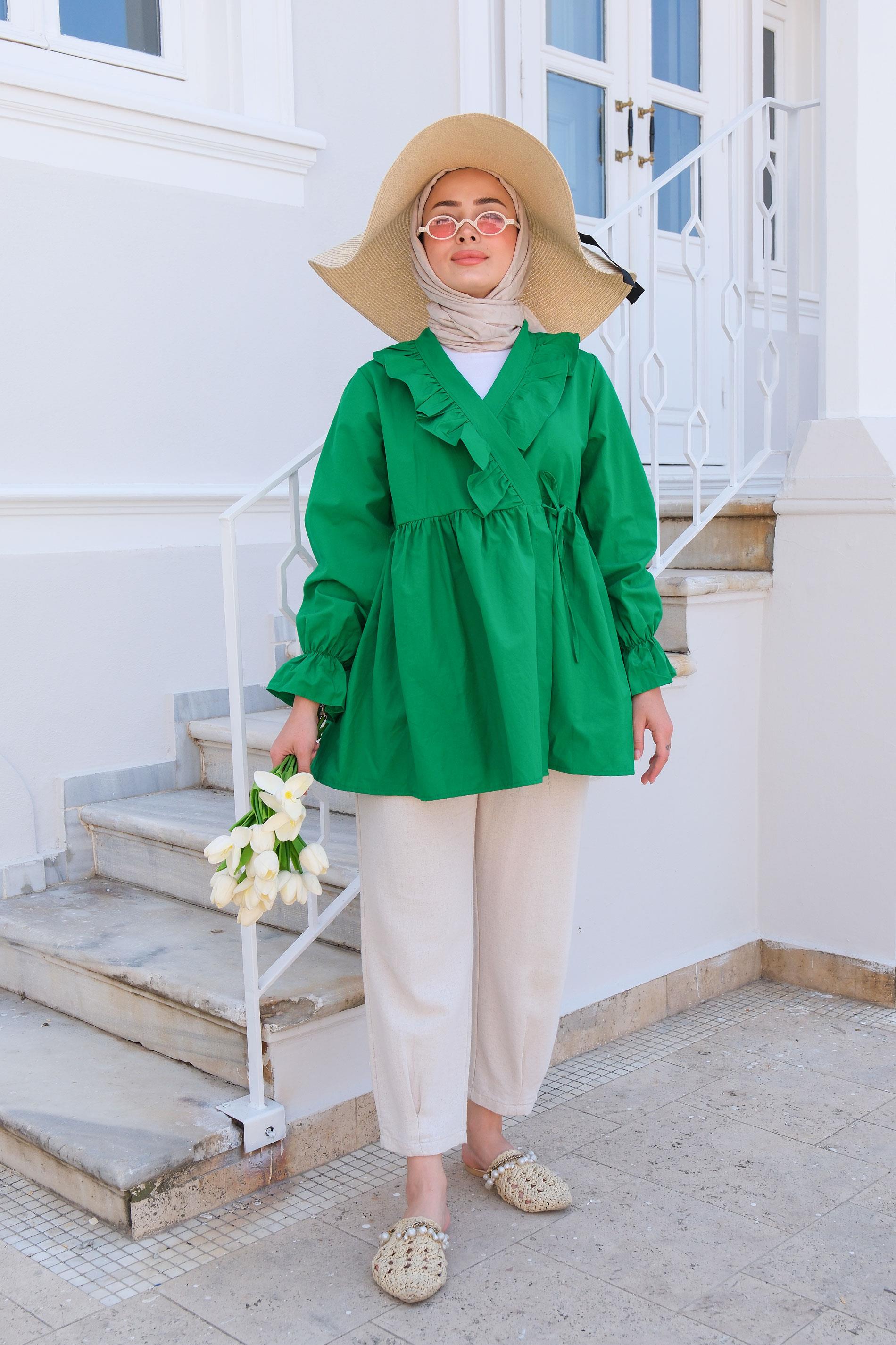 YAN BAGLAMALI FIRFIR DETAY TUNIK YESIL