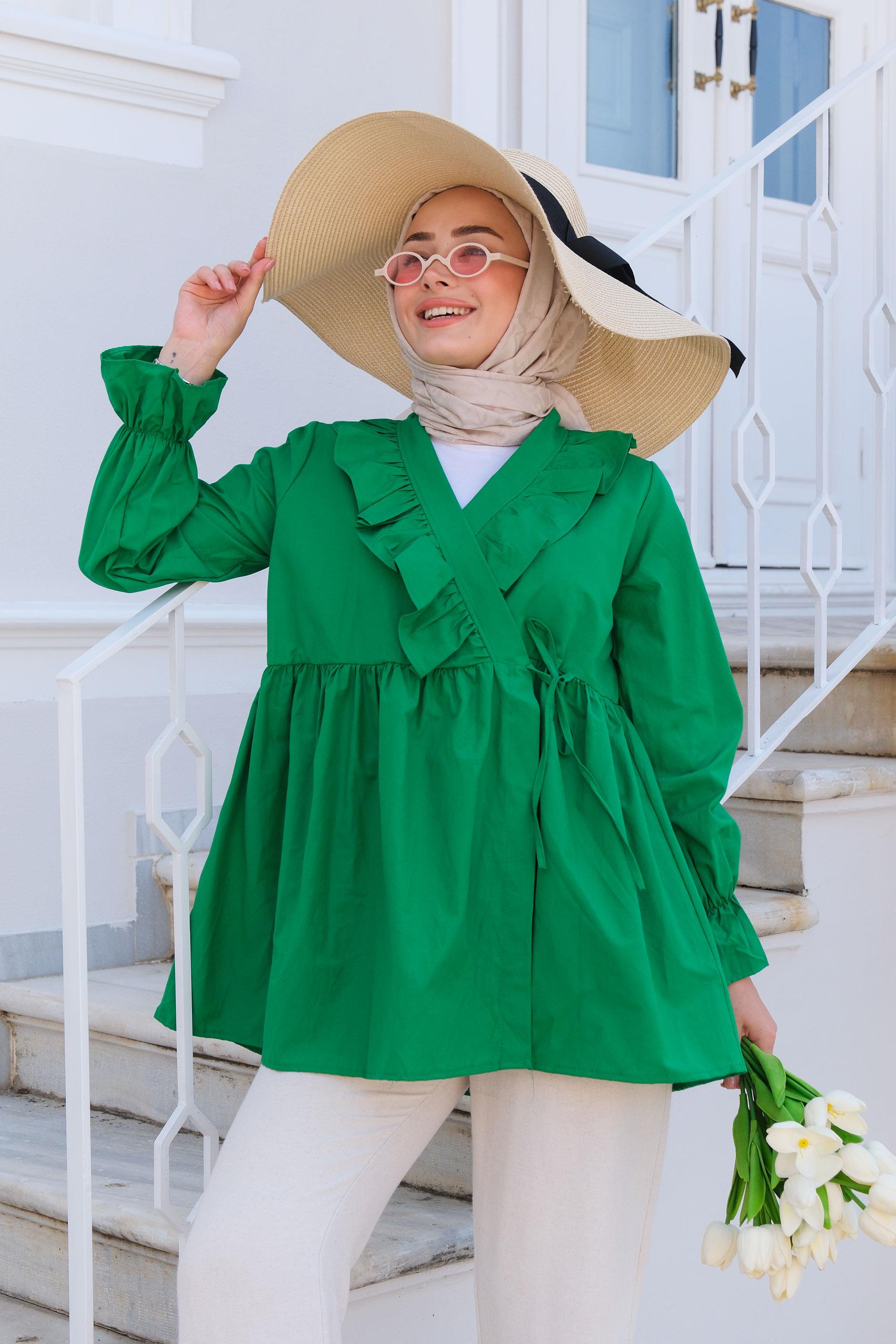 YAN BAGLAMALI FIRFIR DETAY TUNIK YESIL