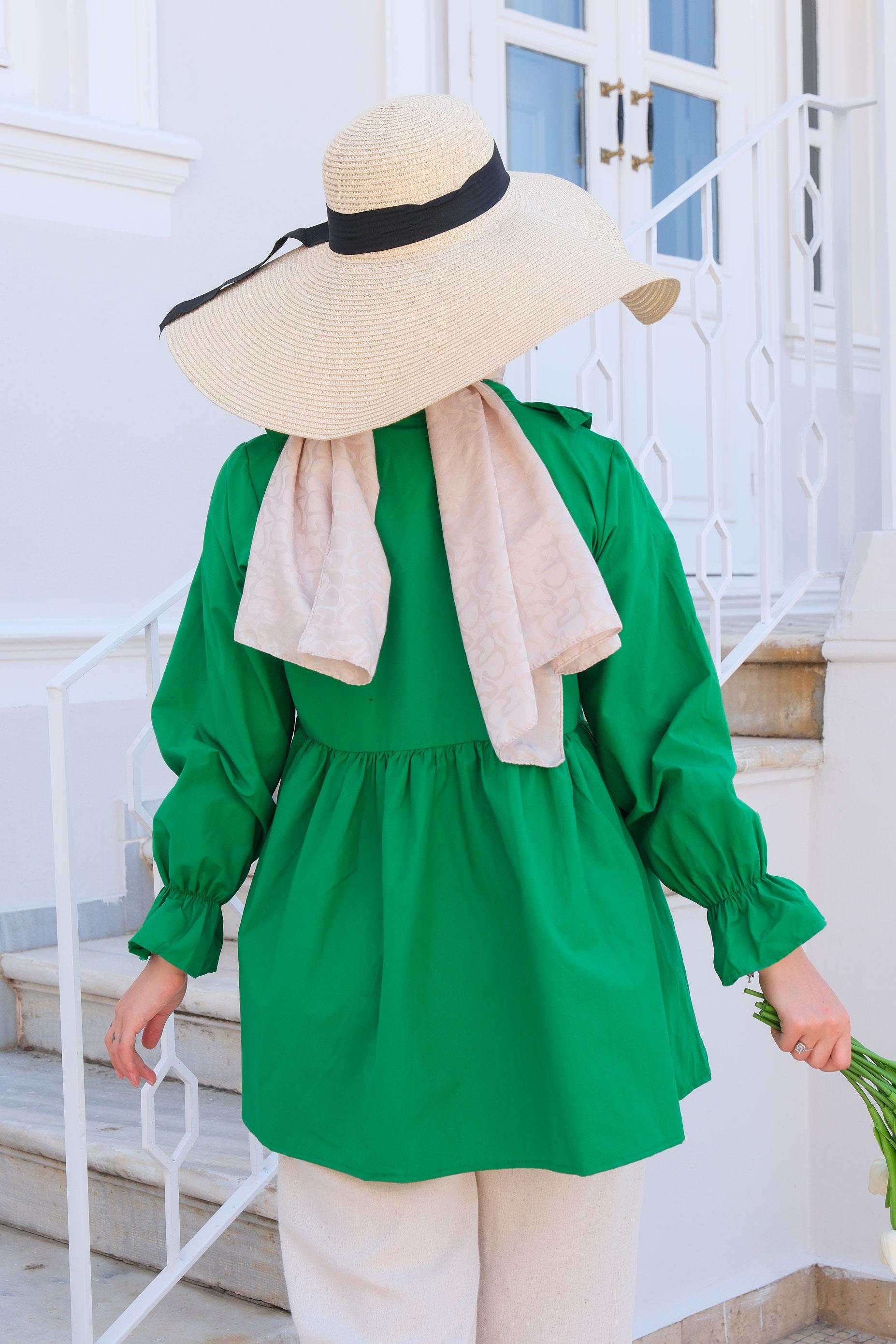 YAN BAGLAMALI FIRFIR DETAY TUNIK YESIL