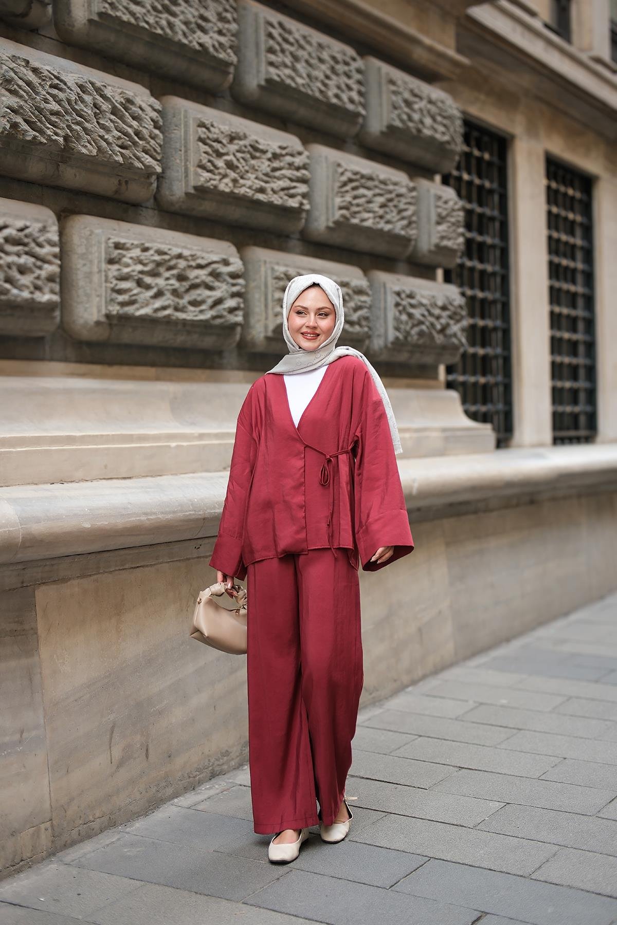 Yan Bağlamalı İkili Kimono Takım Bordo