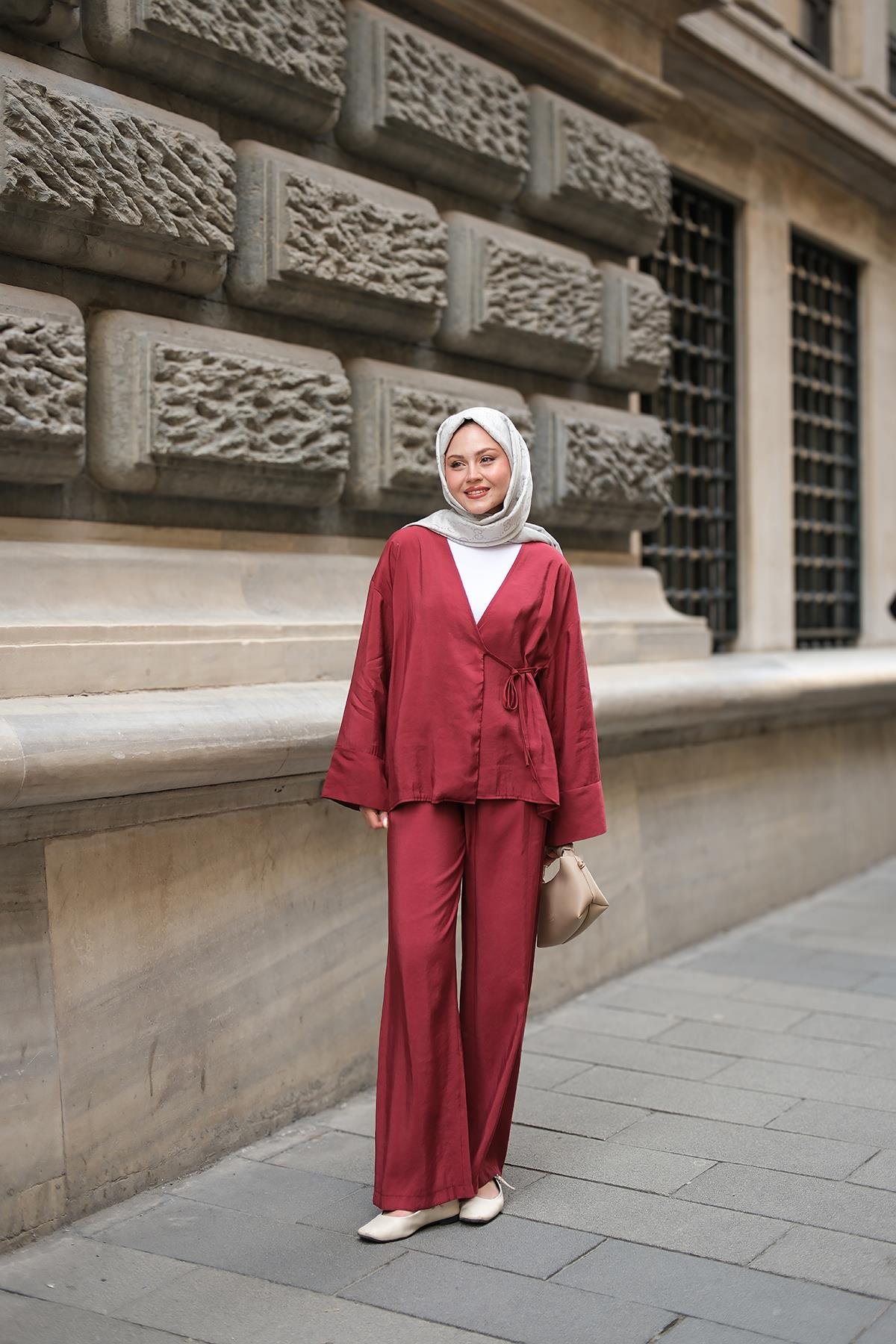 Yan Bağlamalı İkili Kimono Takım Bordo