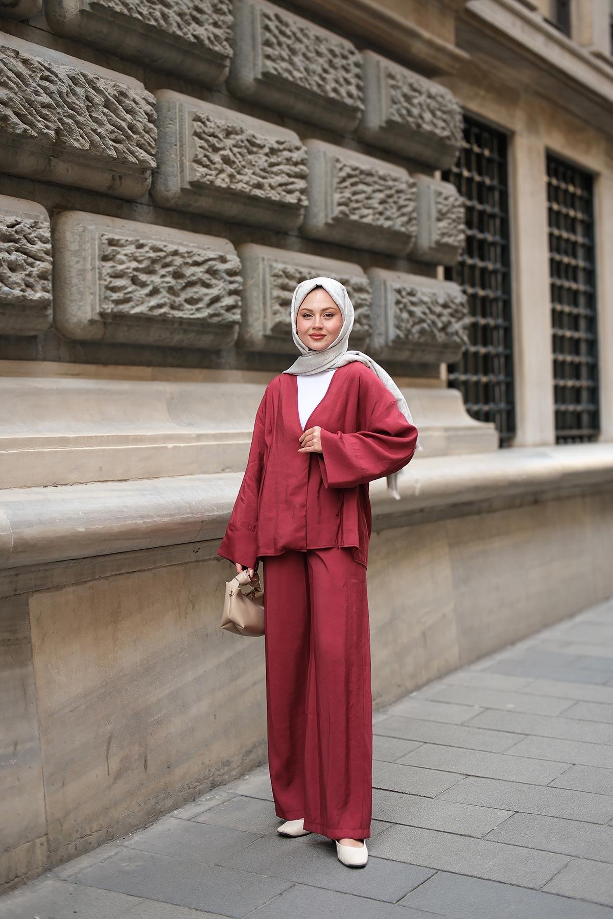 Yan Bağlamalı İkili Kimono Takım Bordo