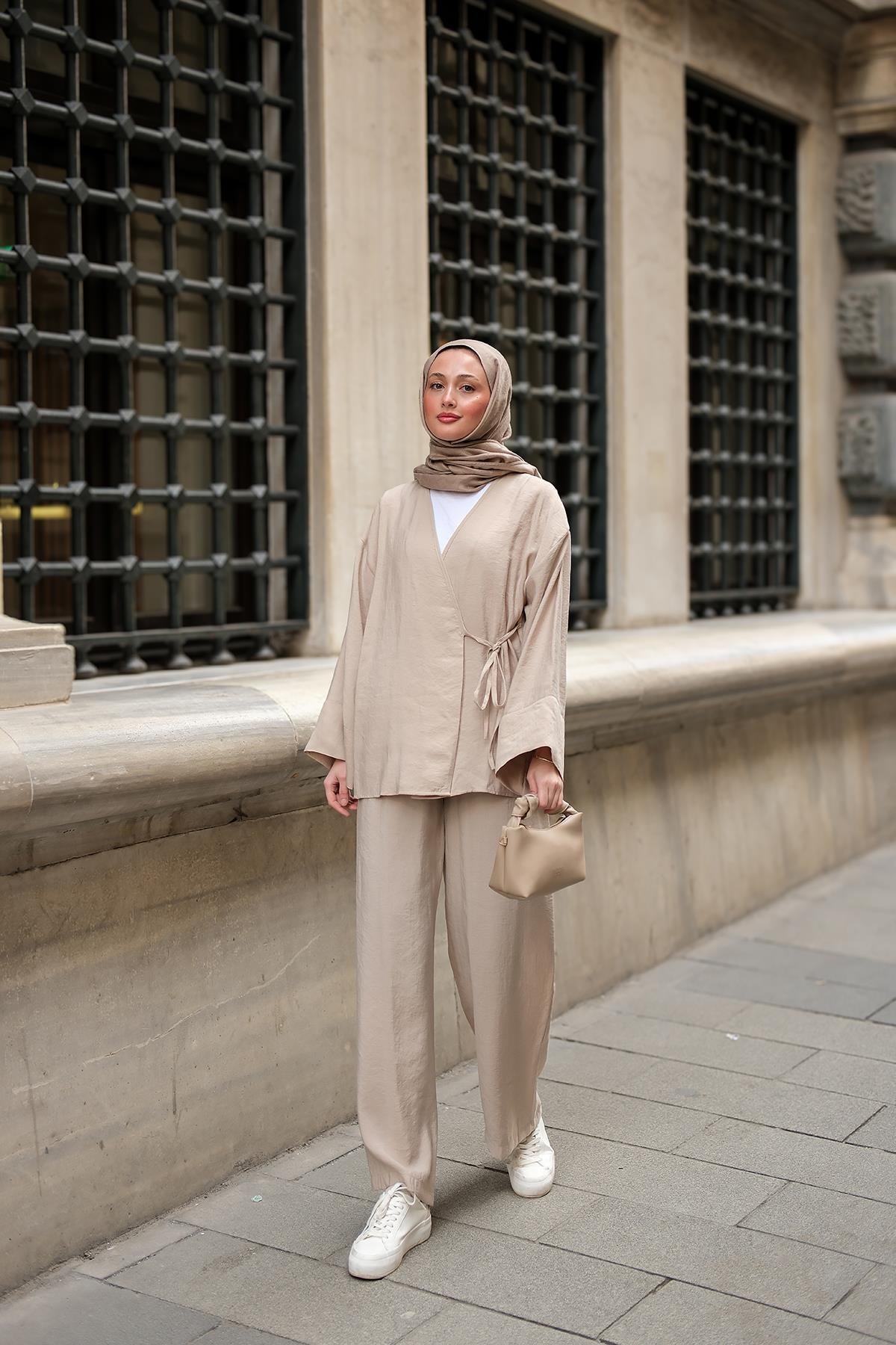 Yan Bağlamalı İkili Kimono Takım Krem