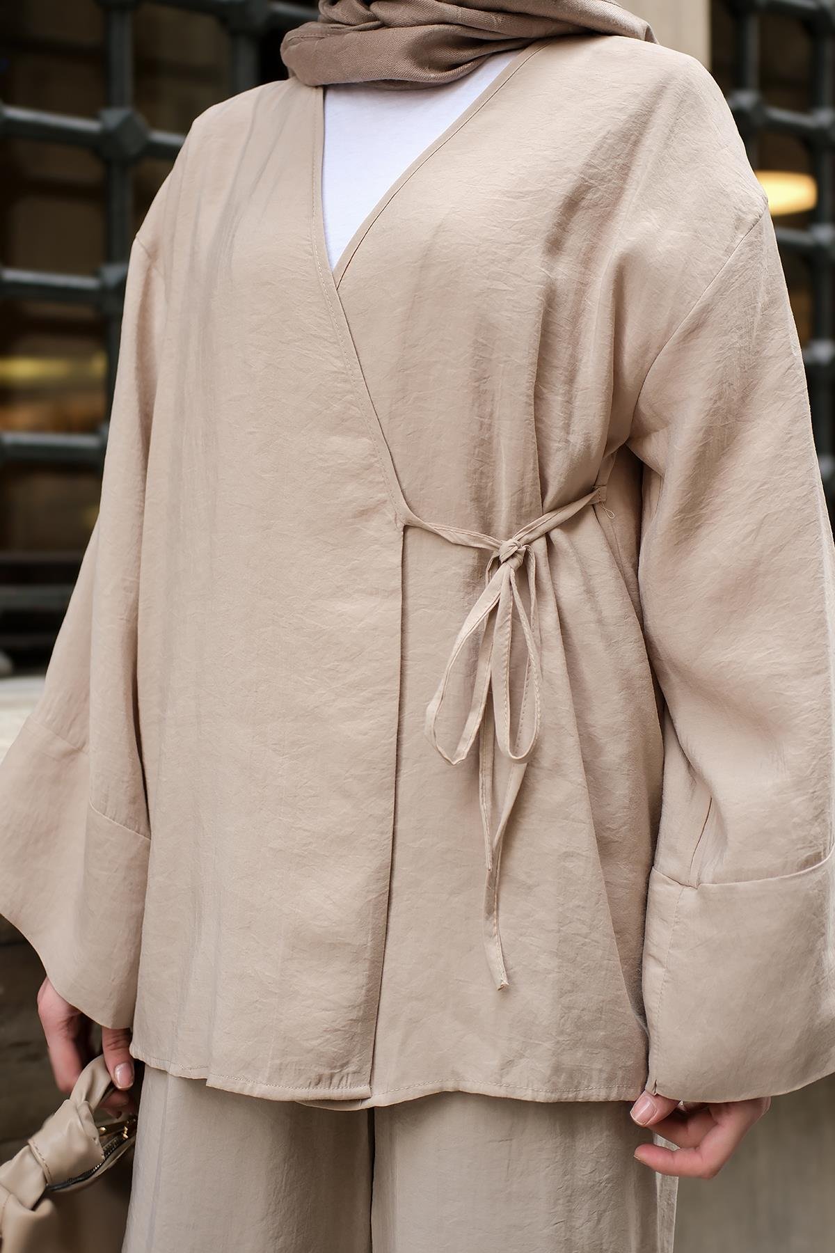 Yan Bağlamalı İkili Kimono Takım Krem