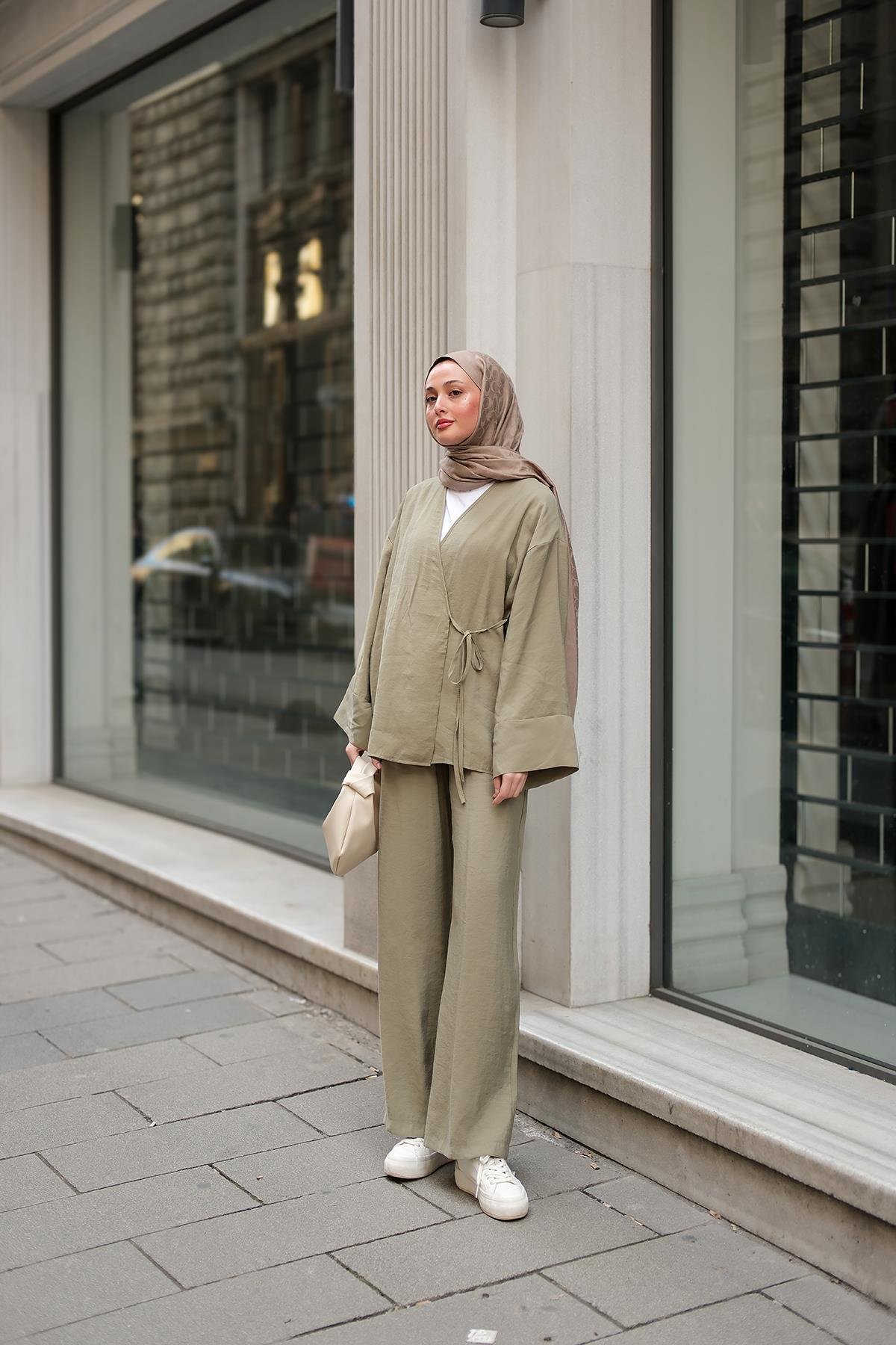 Yan Bağlamalı İkili Kimono Takım Mint Yeşil