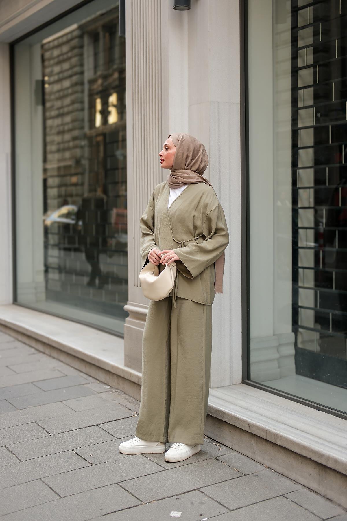 Yan Bağlamalı İkili Kimono Takım Mint Yeşil