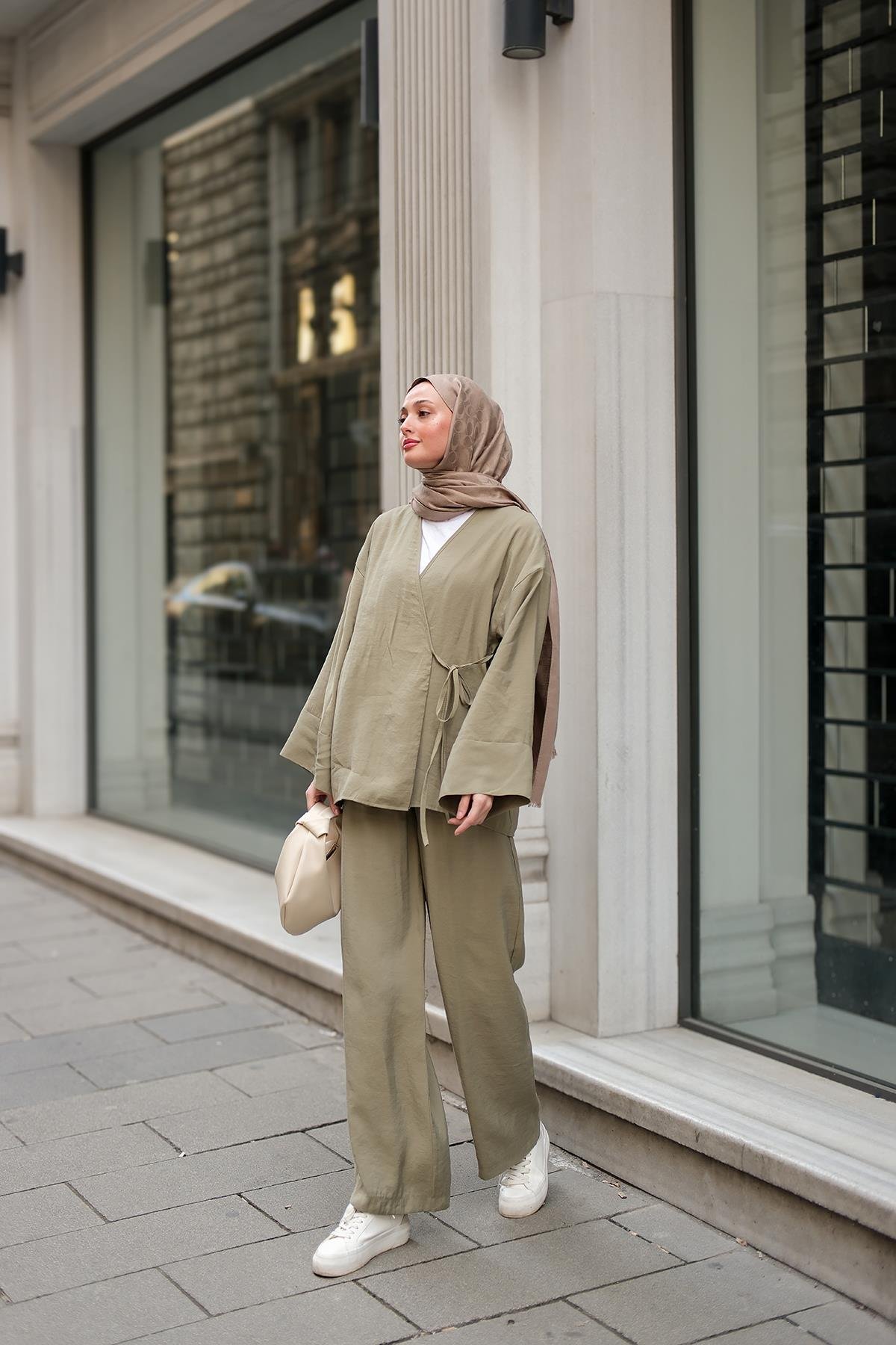 Yan Bağlamalı İkili Kimono Takım Mint Yeşil