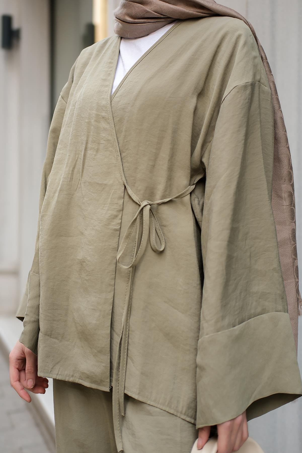 Yan Bağlamalı İkili Kimono Takım Mint Yeşil