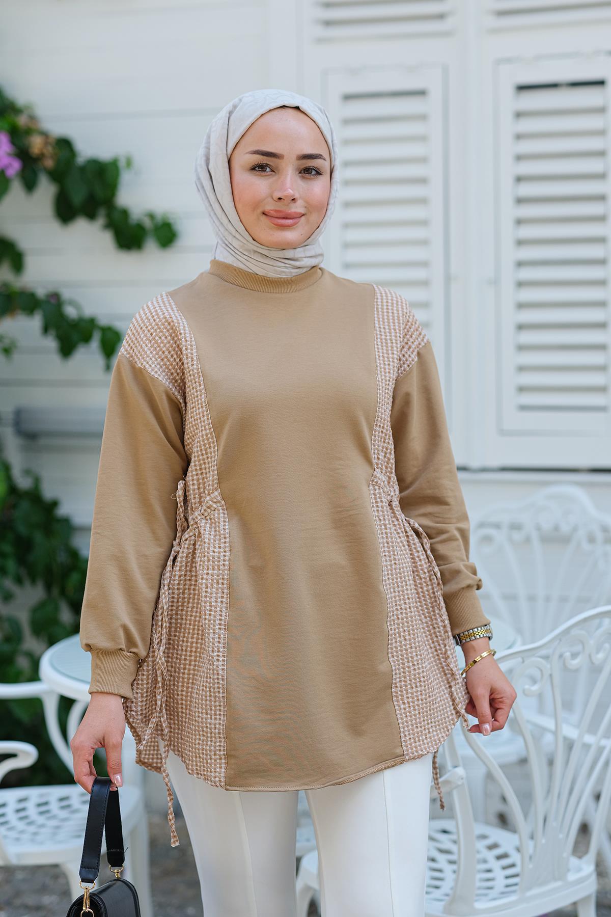 Yan Bağlamalı Kareli Tunik  Vizon