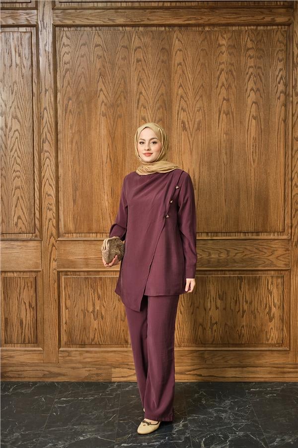 Yan Düğme Detay Takım Bordo