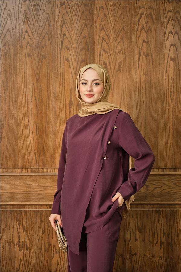 Yan Düğme Detay Takım Bordo