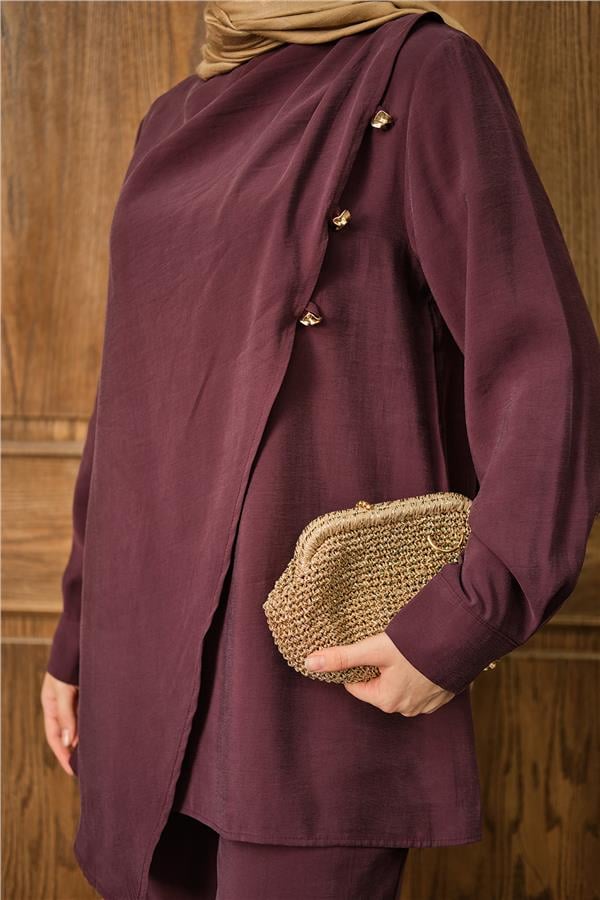 Yan Düğme Detay Takım Bordo