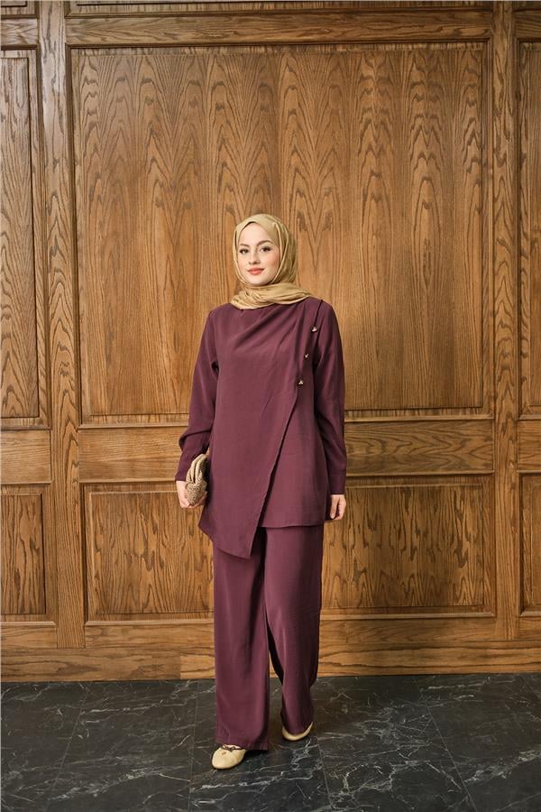 Yan Düğme Detay Takım Bordo