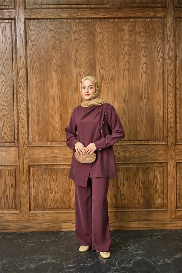 Yan Düğme Detay Takım Bordo