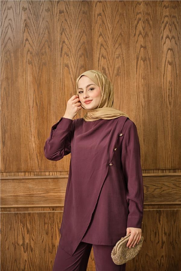 Yan Düğme Detay Takım Bordo