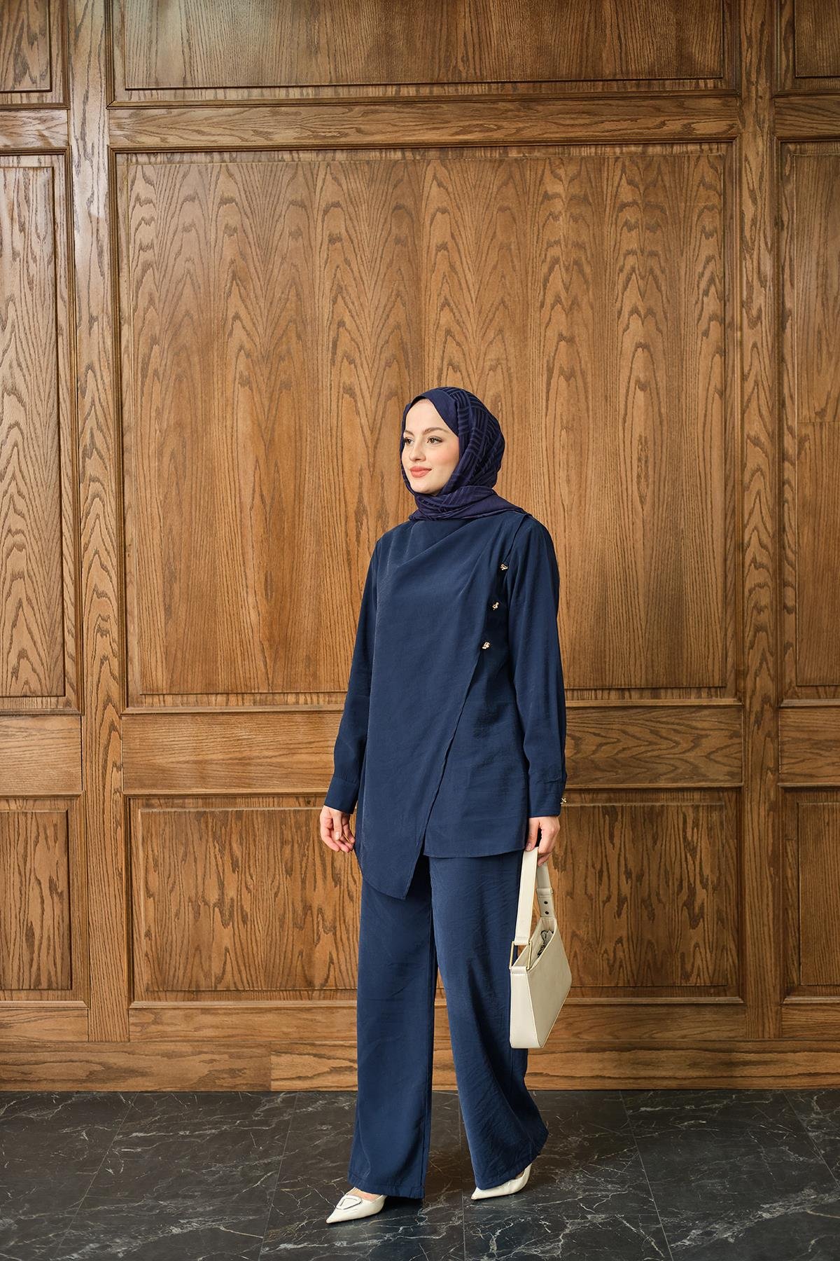 Yan Düğme Detay Takım Lacivert